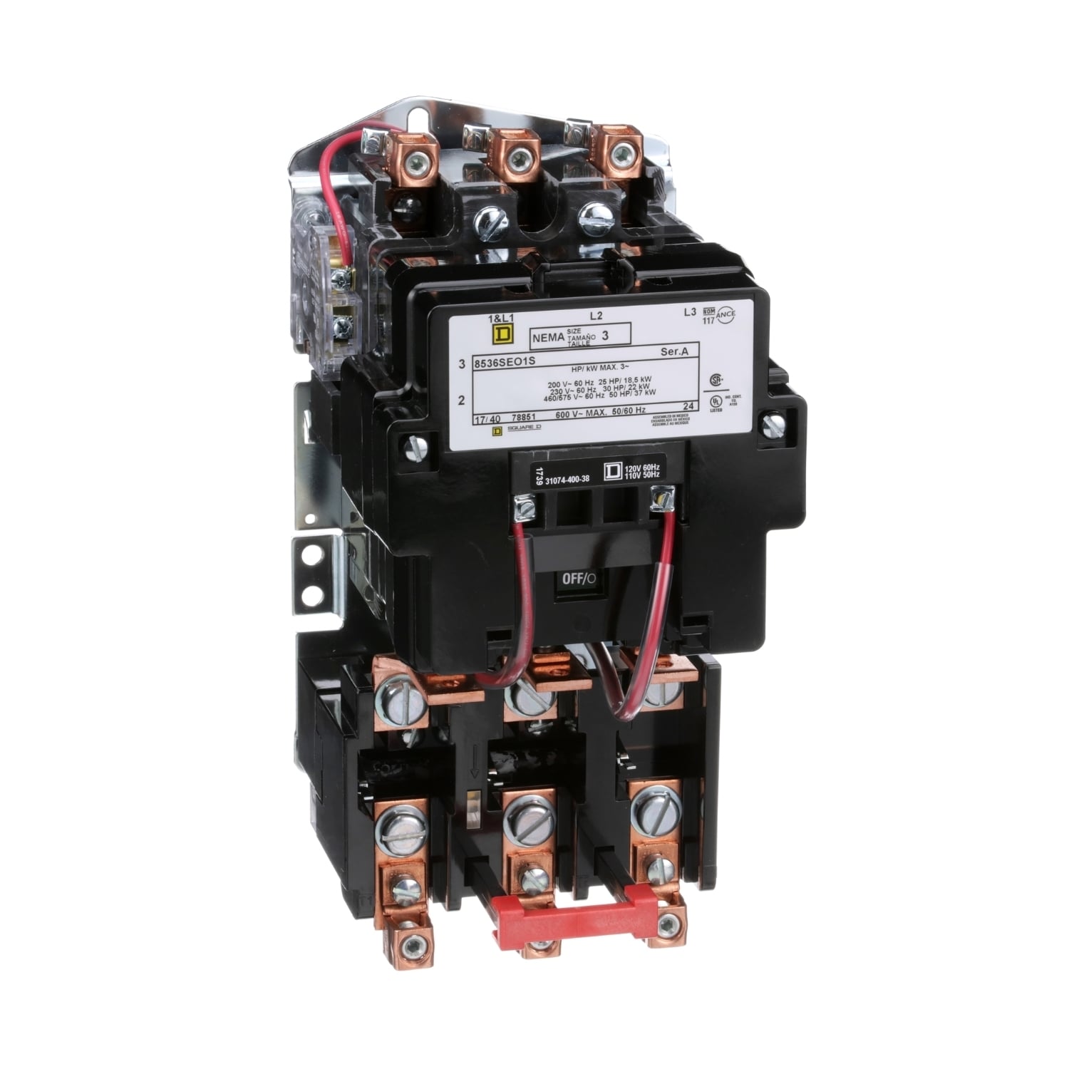 NEMA motor starter, Type S, nonreversing, Size 3, 90A, 50HP at 460VAC, 5kA SCCR, 3 phase, 3 pole, melting alloy, 120VAC coil, open [TAA]