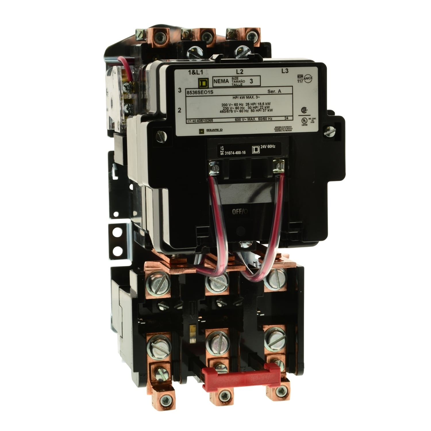 NEMA motor starter, Type S, nonreversing, Size 3, 90A, 50HP at 460VAC, 5kA SCCR, 3 phase, 3 pole, melting alloy, 208VAC coil, open [TAA]