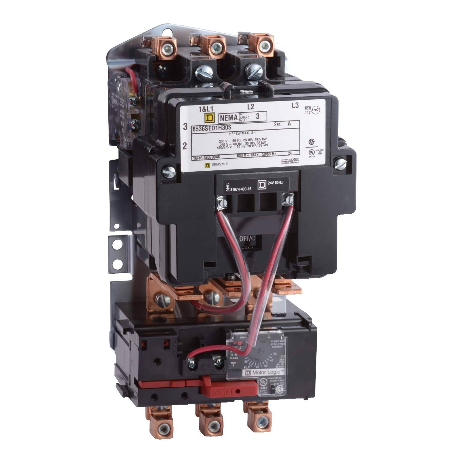 NEMA Motor Starter, Type S, nonreversing, Size 3, 90A, 50 HP at 460 VAC, up to 100 kA SCCR, 3 phase, 3 pole, Motor Logic, 208 VAC coil, open