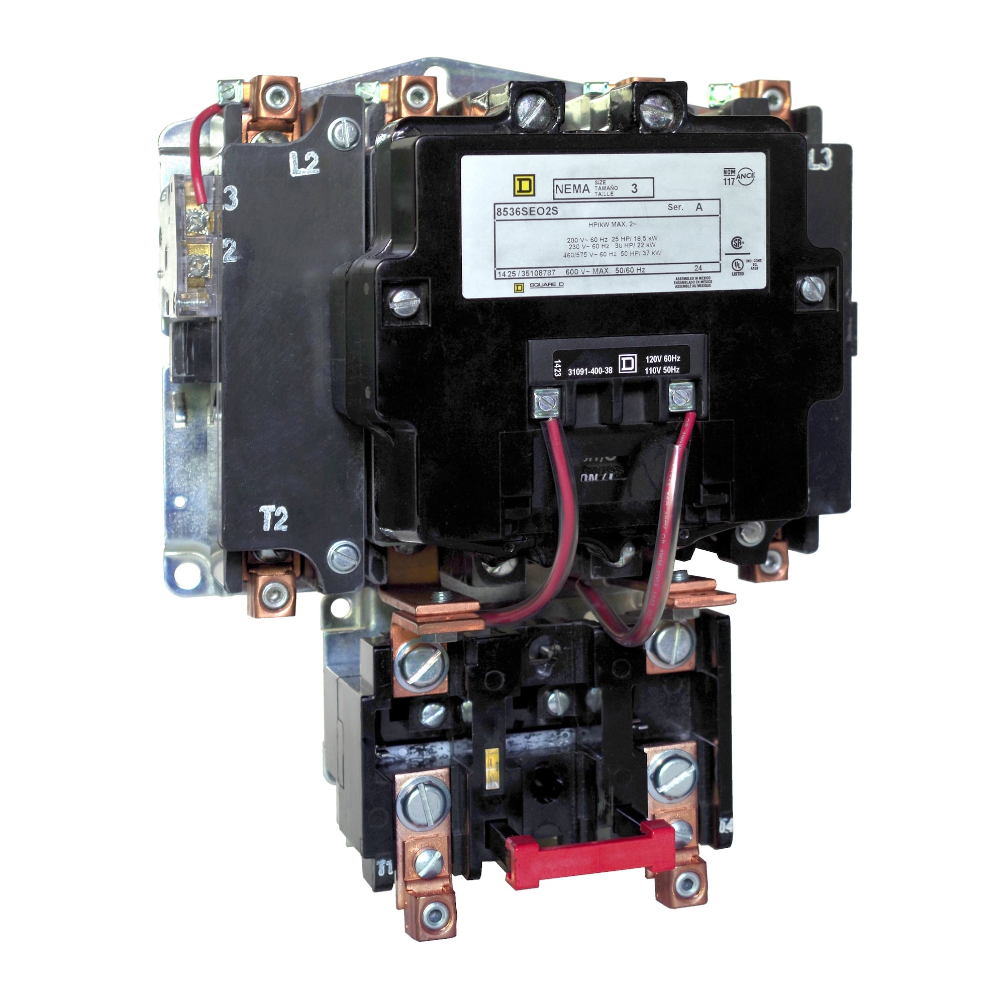 NEMA Motor Starter, Type S, nonreversing, Size 3, 90A, 50 HP at 460 VAC, 5 kA SCCR, 2 phase, 4 pole, melting alloy, 208 VAC coil, open