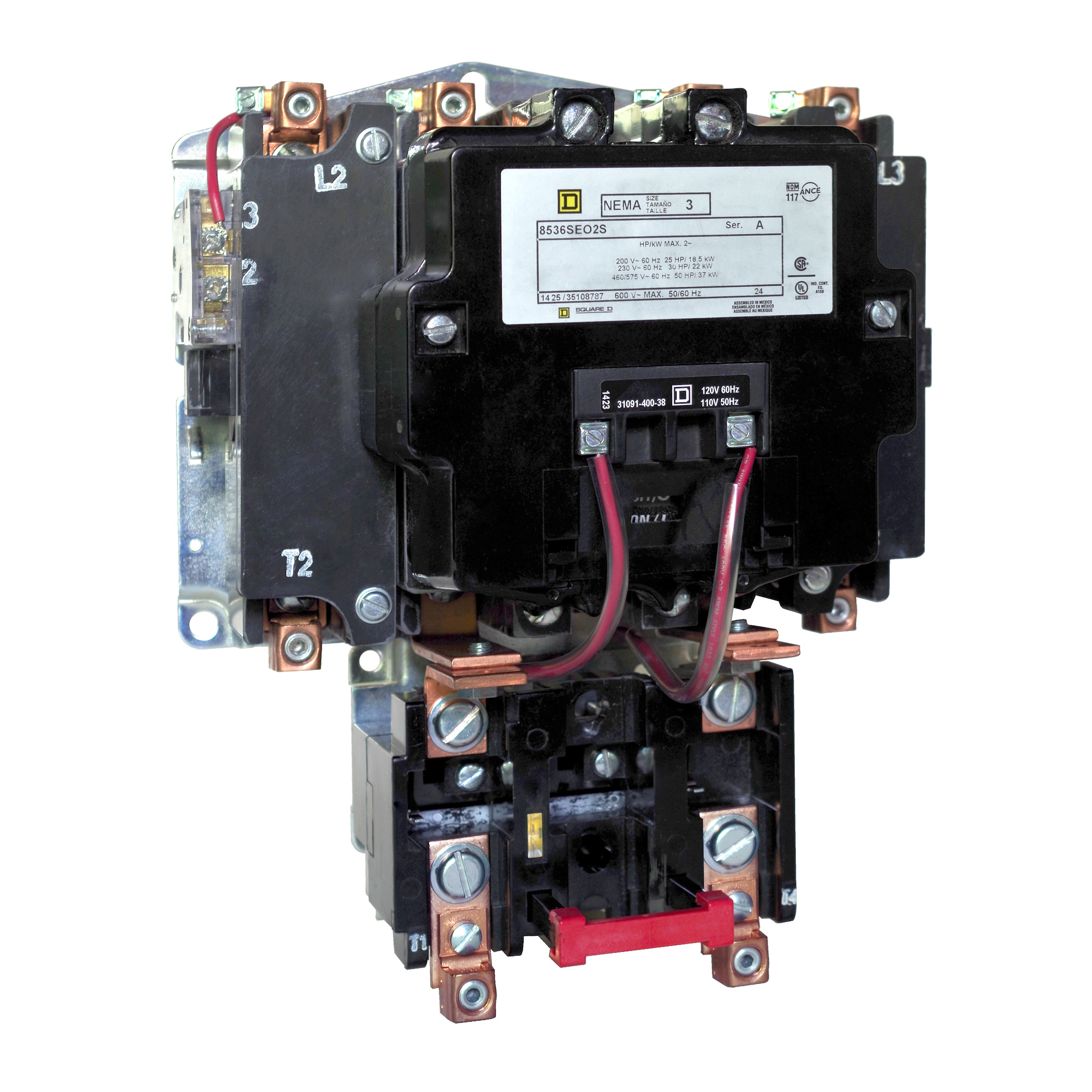 NEMA Motor Starter, Type S, nonreversing, extra capacity, 15 HP at 230 VAC, 5 kA SCCR, 1 phase, 2 pole, melting alloy, 240 VAC coil, open