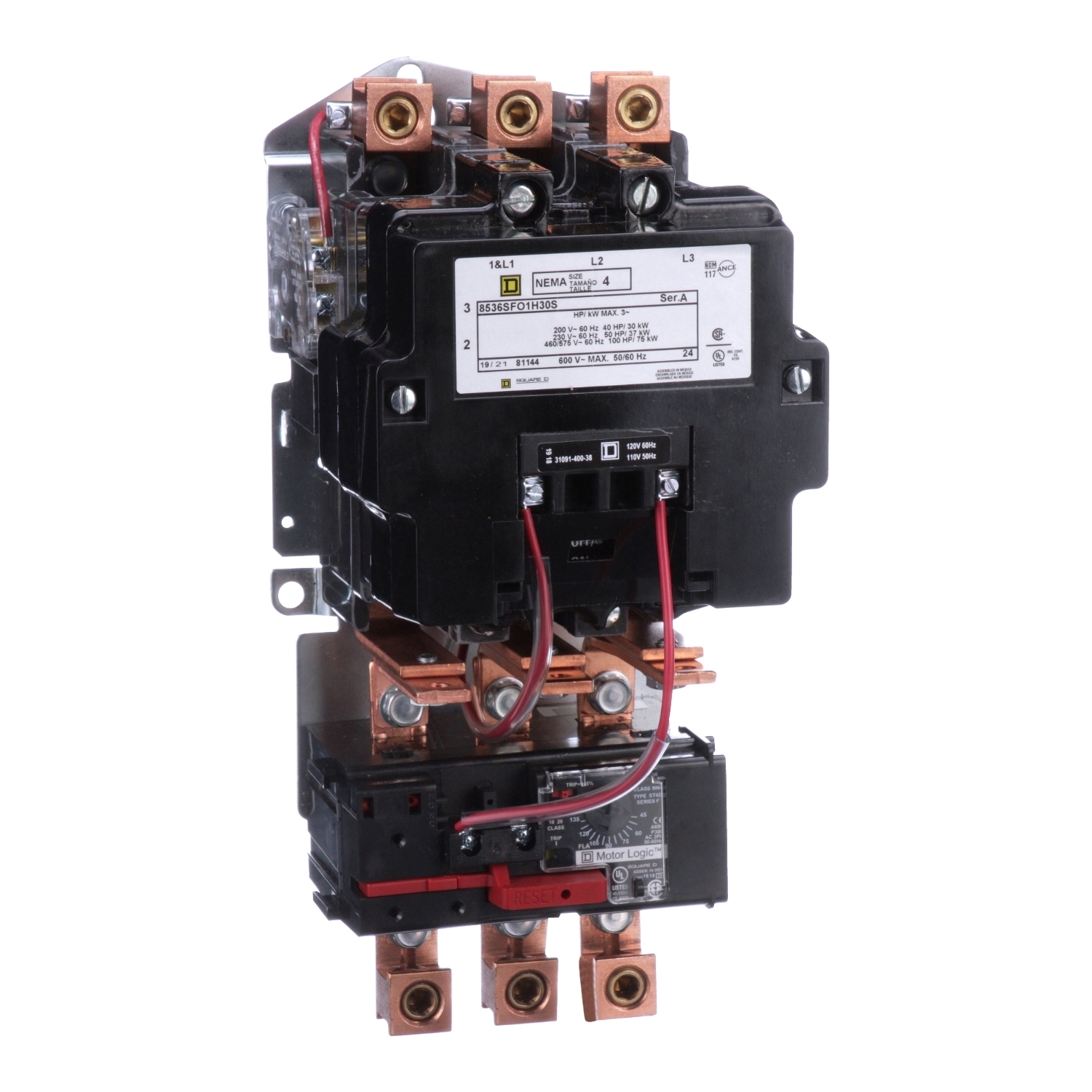 NEMA motor starter, Type S, nonreversing, Size 4, 135A, 100HP at 460VAC, up to 100kA SCCR, 3 phase, 3 pole, Motor Logic, 120VAC coil, open [TAA]