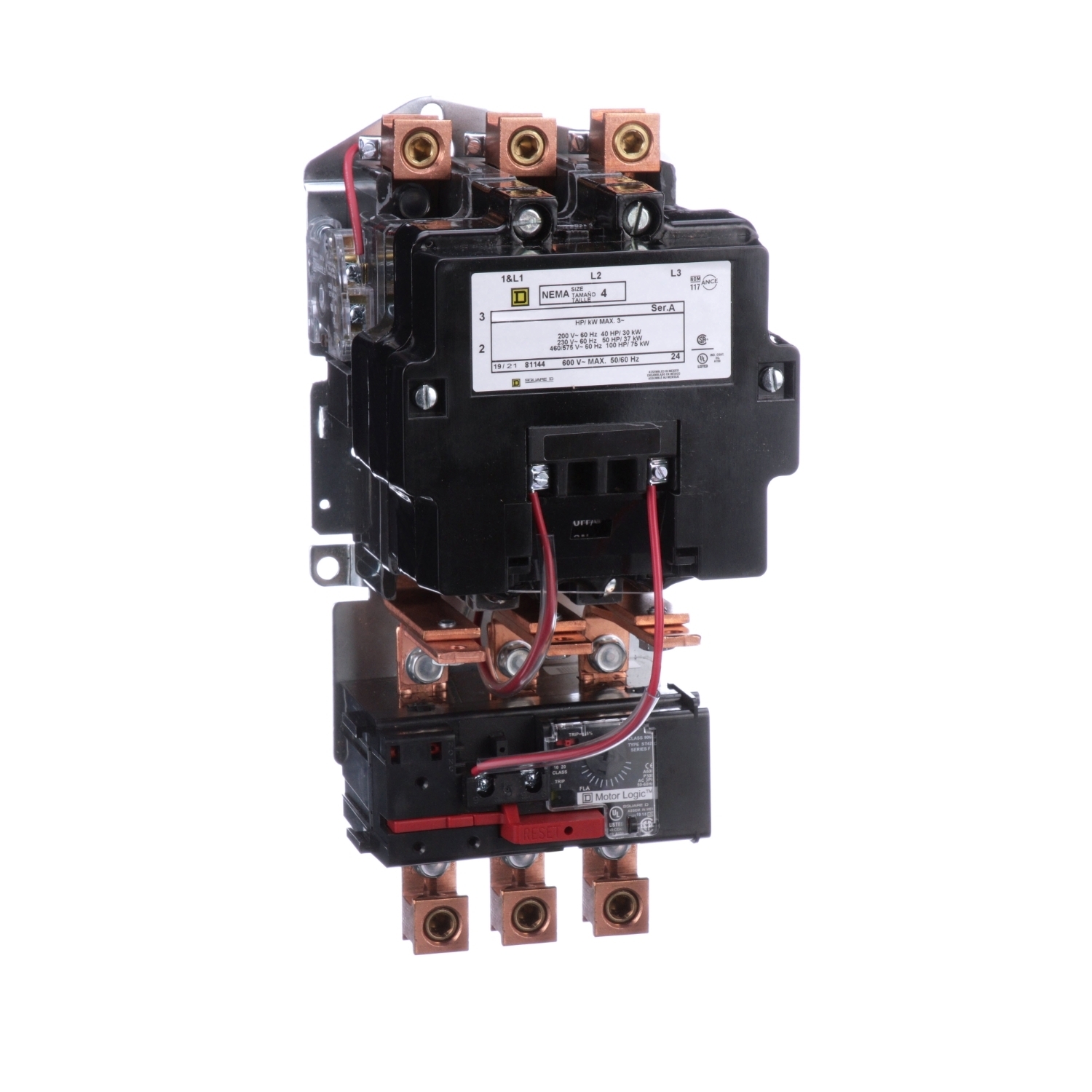 NEMA motor starter, Type S, nonreversing, Size 4, 135A, 100HP at 460VAC, up to 100kA SCCR, 3 phase, 3 pole, Motor Logic, 120VAC coil, open