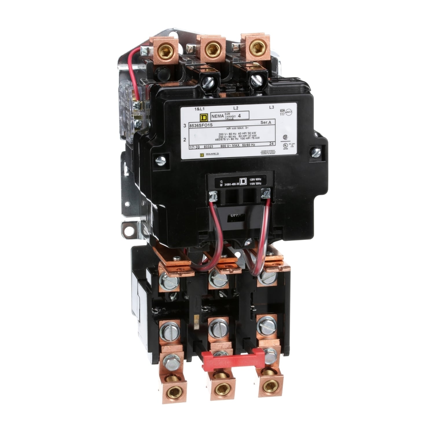 NEMA motor starter, Type S, nonreversing, Size 4, 135A, 100HP at 460VAC, 10kA SSCR, 3 phase, 3 pole, melting alloy, 120VAC coil, open [TAA]