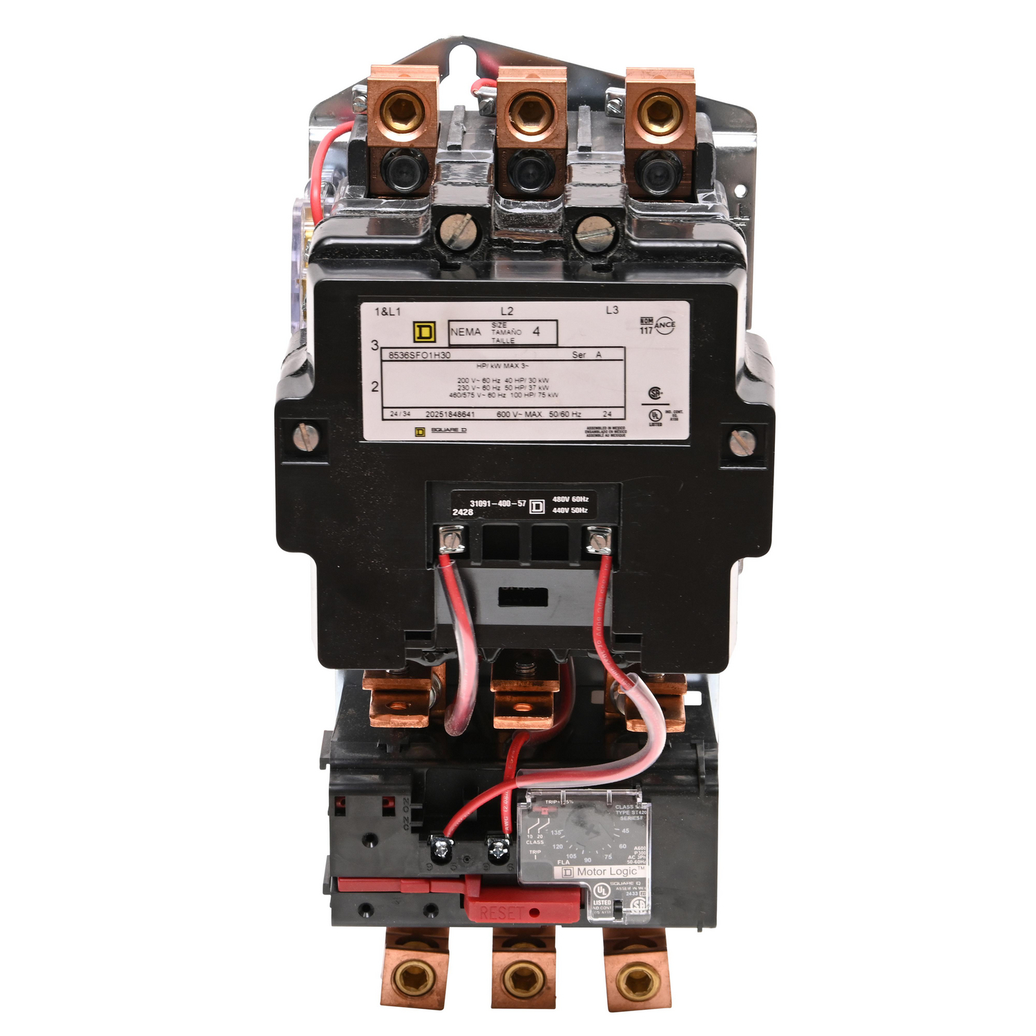 NEMA motor starter, Type S, nonreversing, Size 4, 135A, 100HP at 460VAC, up to 100kA SCCR, 3 phase, 3 pole, Motor Logic, 480VAC coil, open [TAA]
