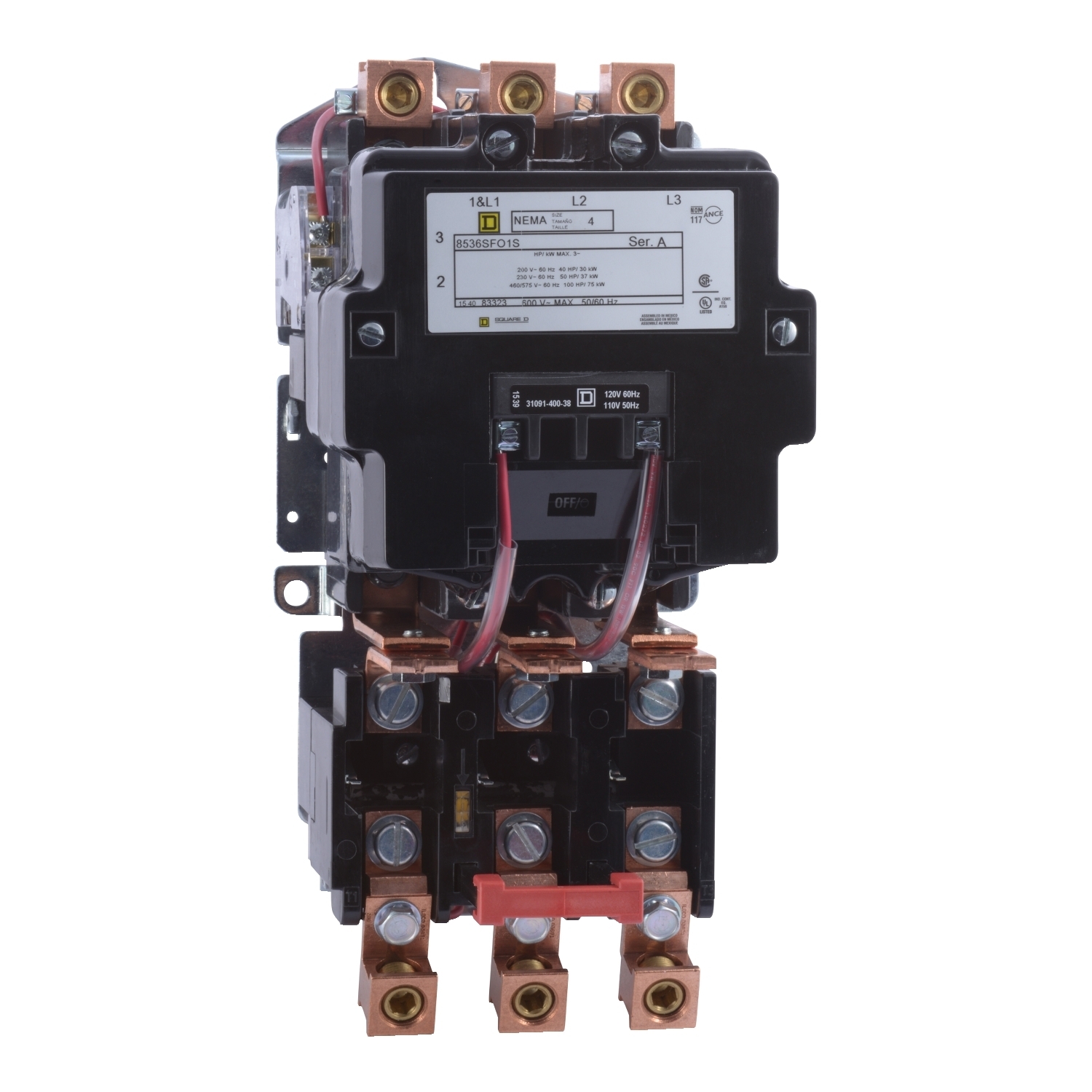 NEMA Motor Starter, Type S, nonreversing, Size 4, 135A, 100 HP at 460 VAC, 2 phase, 4 pole, melting alloy, 120 VAC coil, open, 10 kA SSCR
