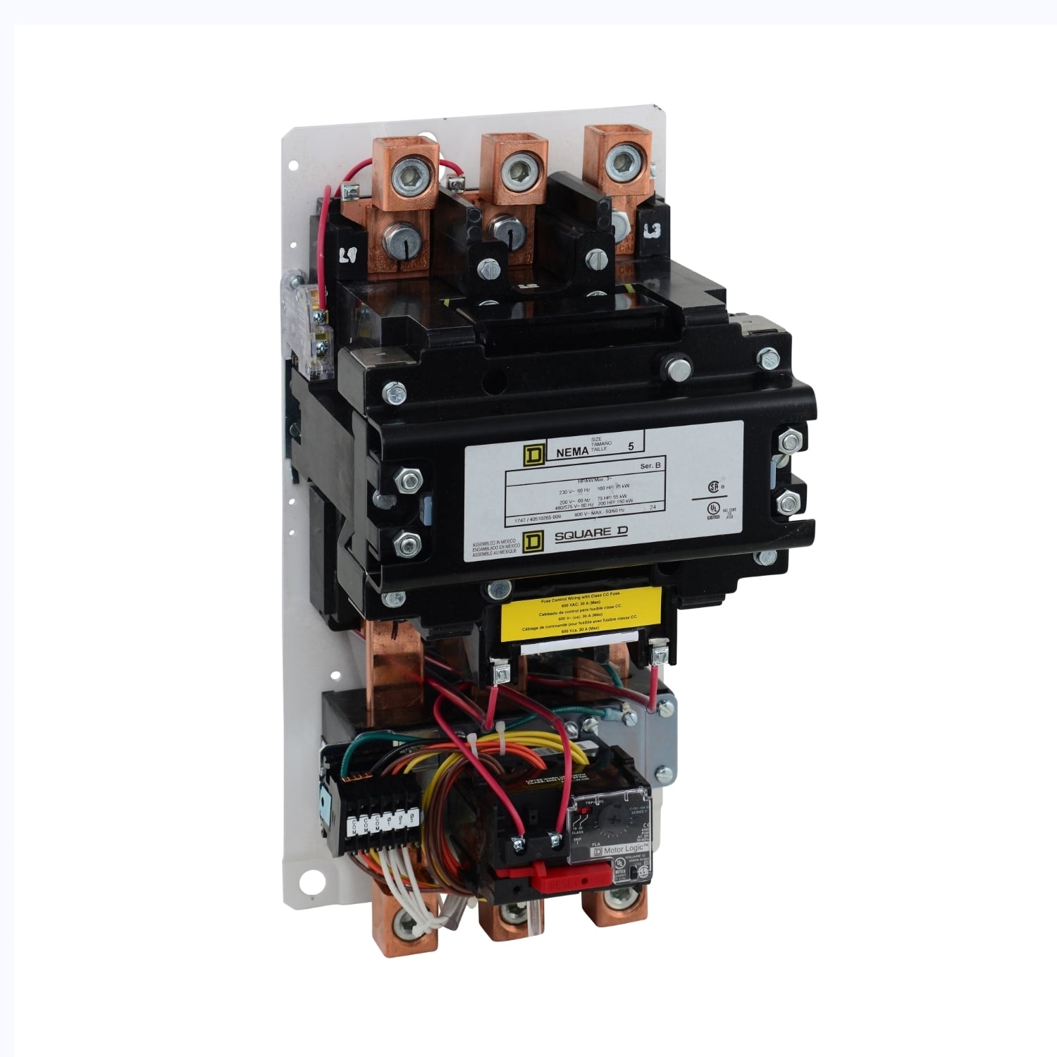NEMA motor starter, Type S, nonreversing, Size 5, 270A, 200HP at 460VAC, up to 100kA SCCR, 3 phase, 3 pole, Motor Logic, 120VAC coil, open