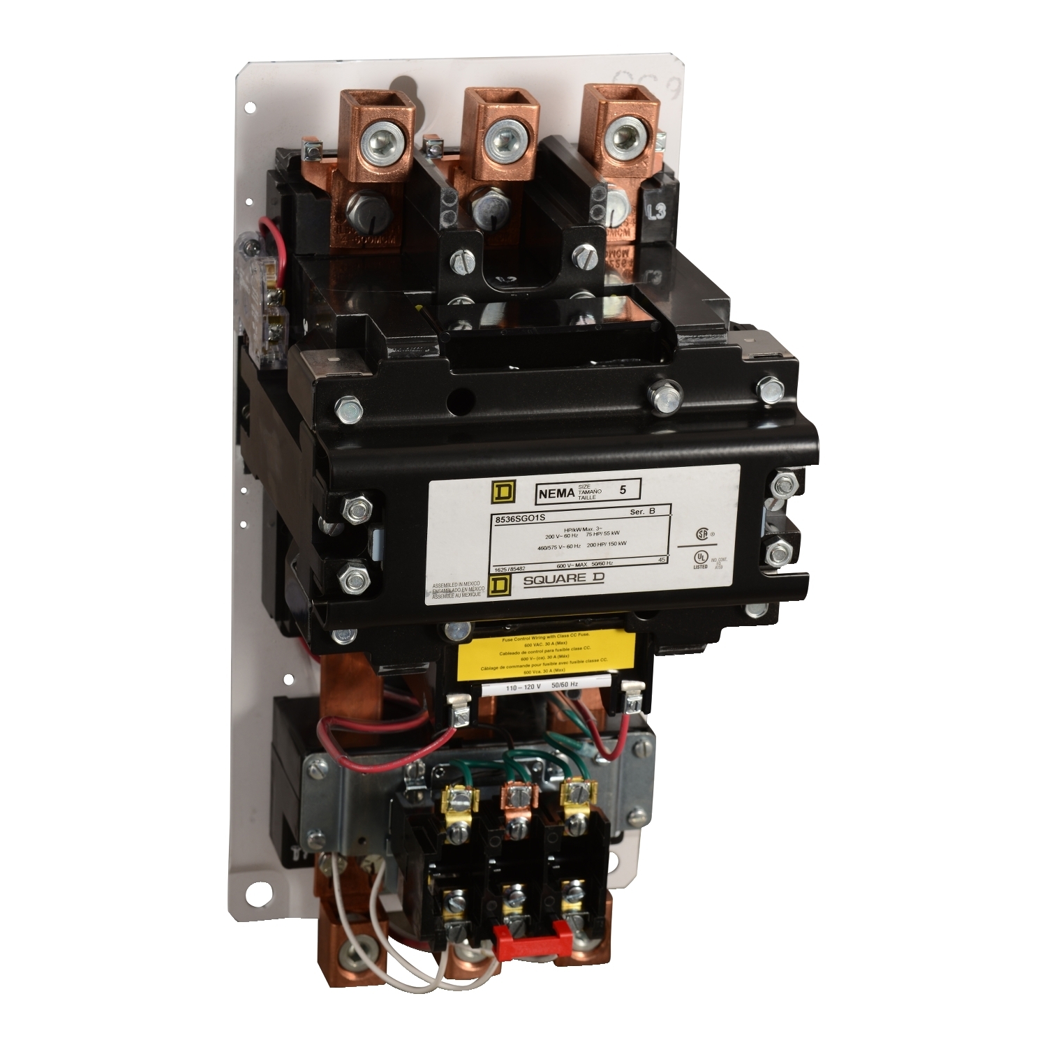 NEMA motor starter, Type S, nonreversing, Size 5, 270A, 200HP at 460VAC, 10kA SSCR, 3 phase, 3 pole, melting alloy, 480VAC coil, open