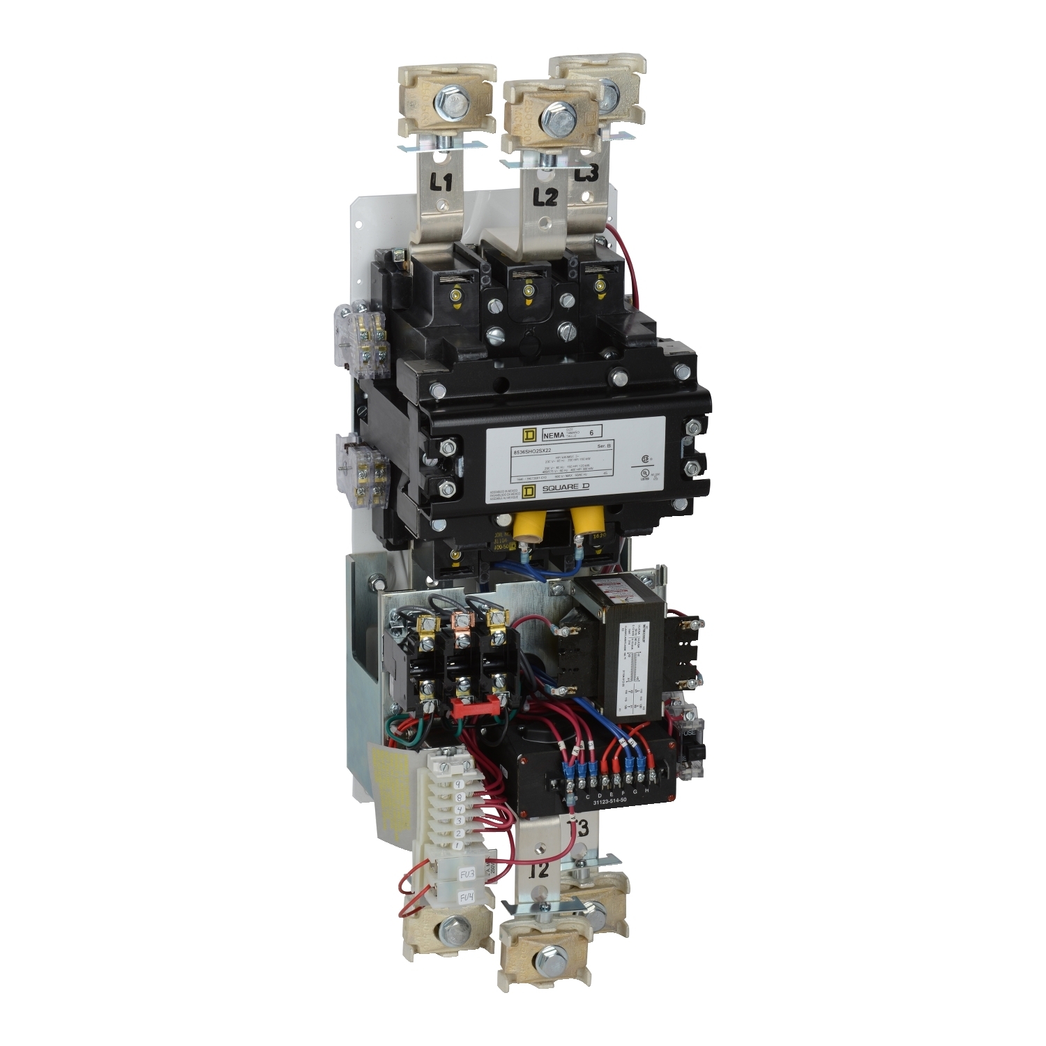 NEMA Motor Starter, Type S, nonreversing, Size 6, 540A, 400 HP at 460 VAC, 3 phase, 3 pole, melting alloy, 120 VAC coil, open