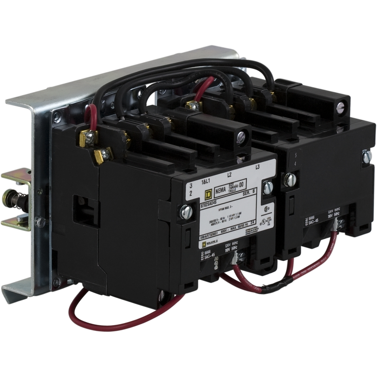 NEMA Contactor, Type S, reversing, horizontal, Size 00, 9A, 2 HP at 575 VAC, 3 phase, up to 100 kA, 3 pole, 120 VAC coil, open style