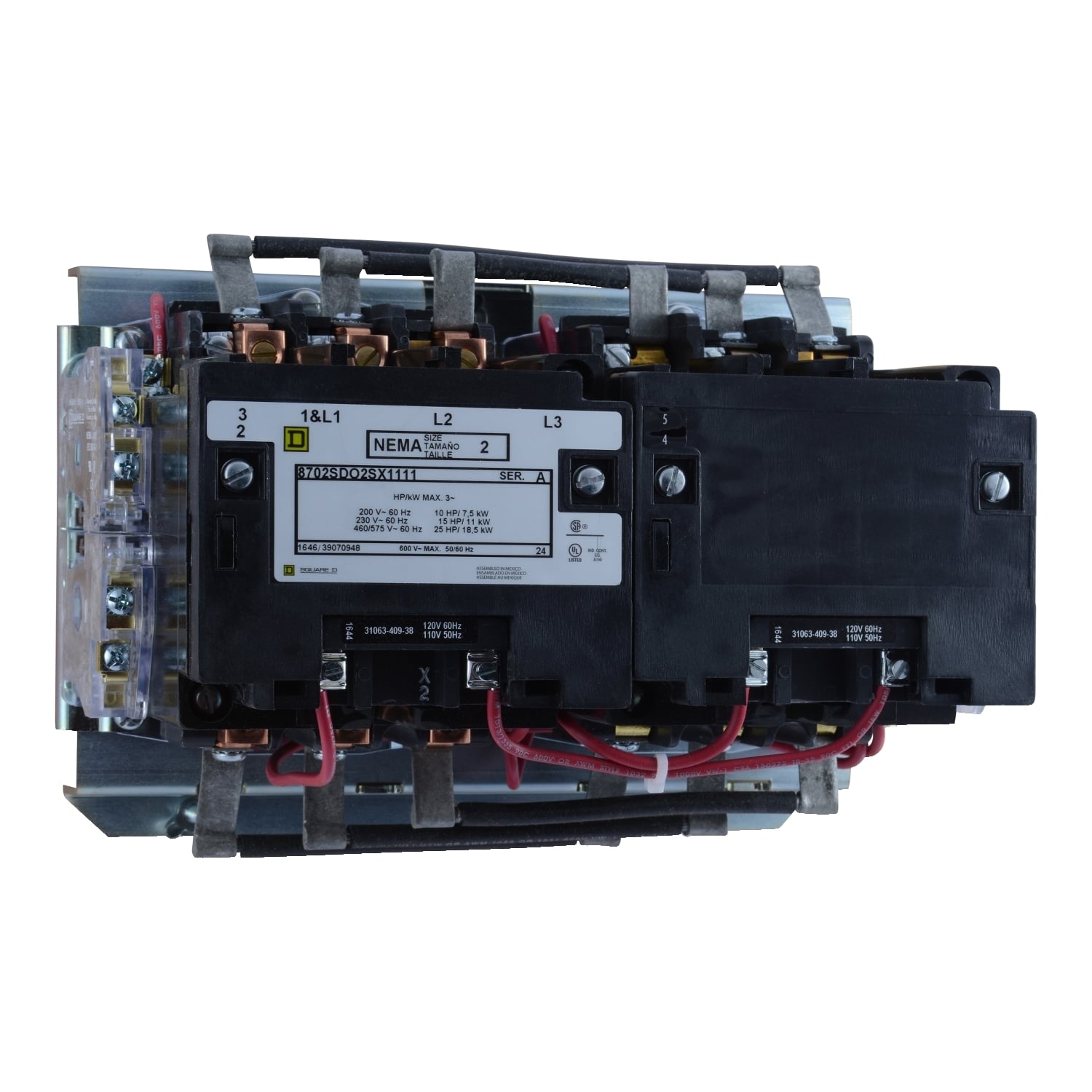 NEMA Contactor, Type S, reversing, horizontal, Size 2, 45A, 25HP at 575VAC, 3 phase, up to 100kA, 3 pole, 120VAC coil, open style [TAA]
