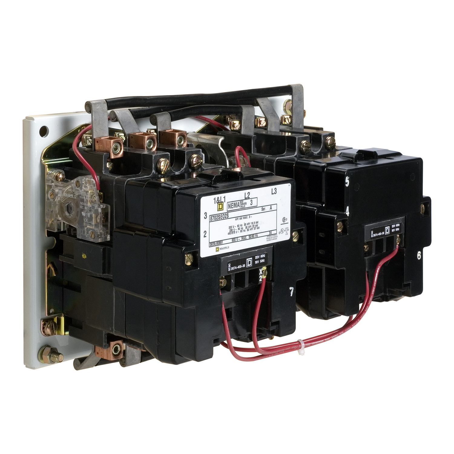 NEMA Contactor, Type S, reversing, horizontal, Size 3, 90A, 50HP at 575VAC, 3 phase, up to 100kA, 3 pole, 120VAC coil, open style [TAA]