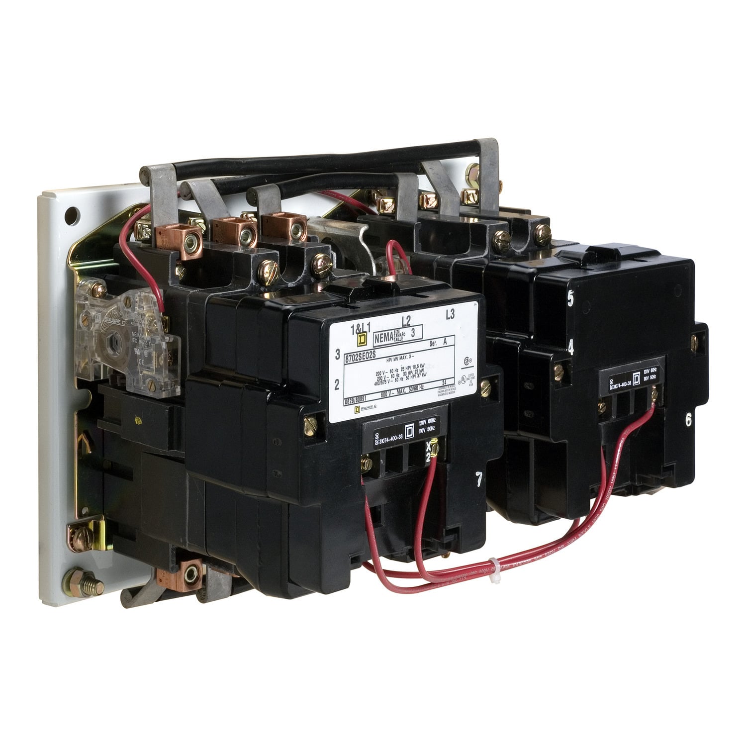 NEMA Contactor, Type S, reversing, horizontal, Size 6, 540A, 400 HP at 575 VAC, 3 phase, up to 100 kA, 3 pole, 120 VAC coil, open style [TAA]