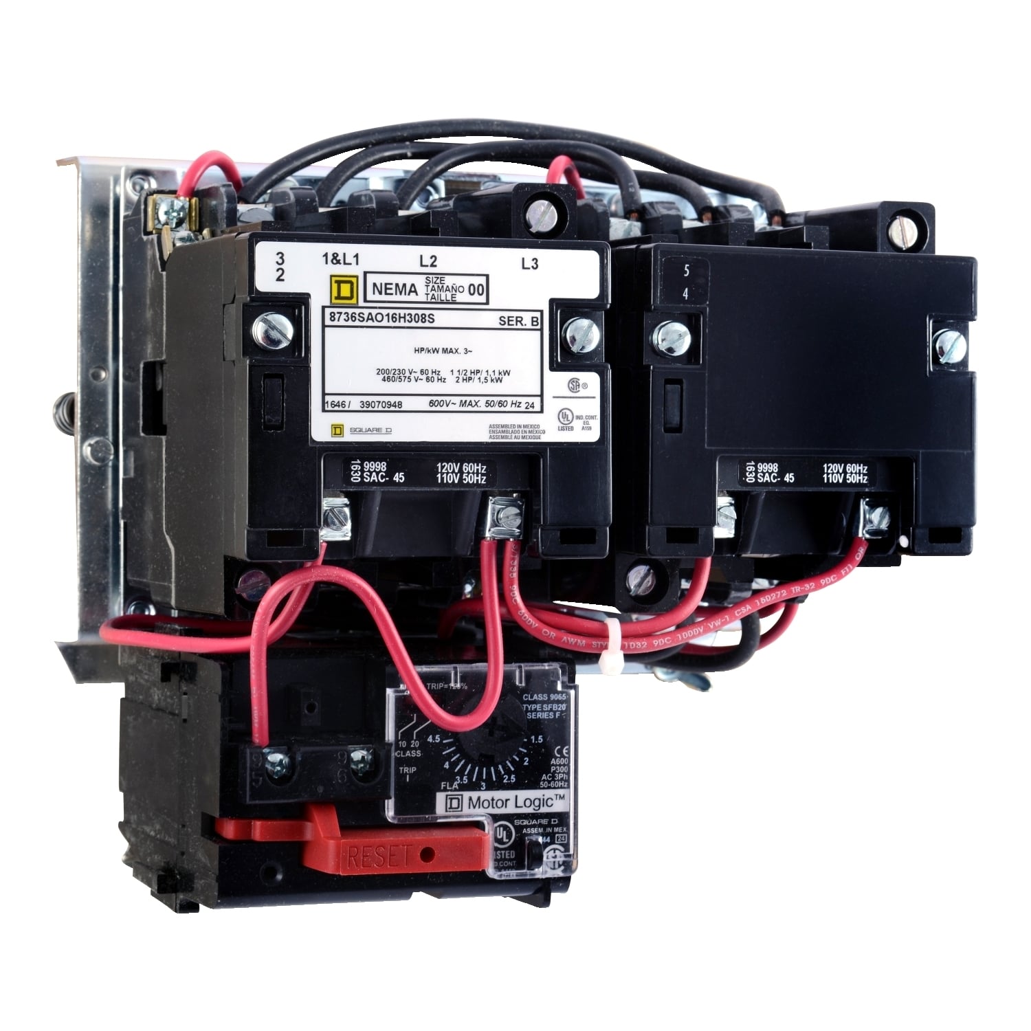 NEMA Starter, Type S, reversing, horizontal, Size 00, 9A, 2 HP at 575 VAC, up to 100 kA SCCR, 3 phase, 3 pole, Motor Logic SSOLR, 120 VAC coil, open
