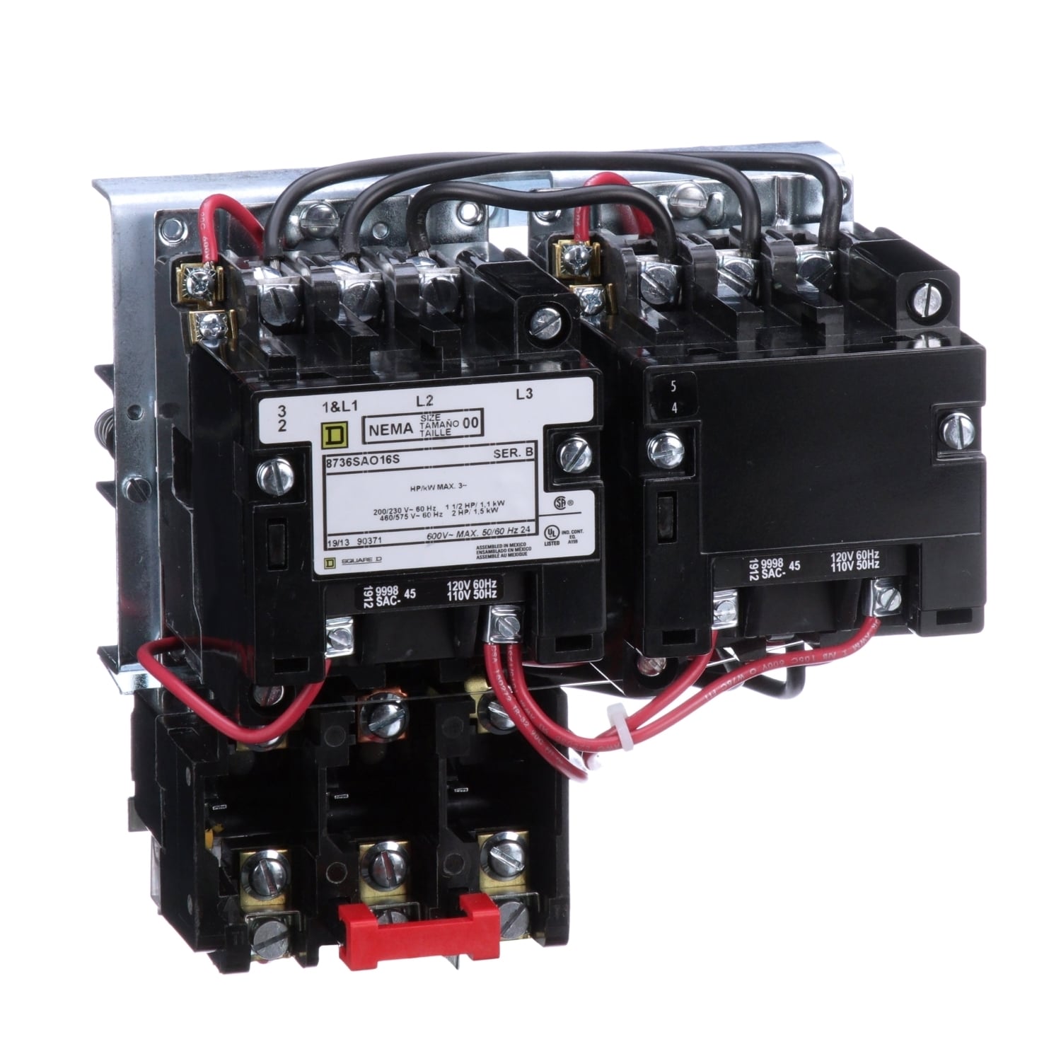 NEMA starter, Type S, reversing, horizontal, Size 00, 9A, 2HP at 575VAC, 5kA SCCR, 3 phase, 3 pole, melting alloy overload, 120VAC coil, open [TAA]