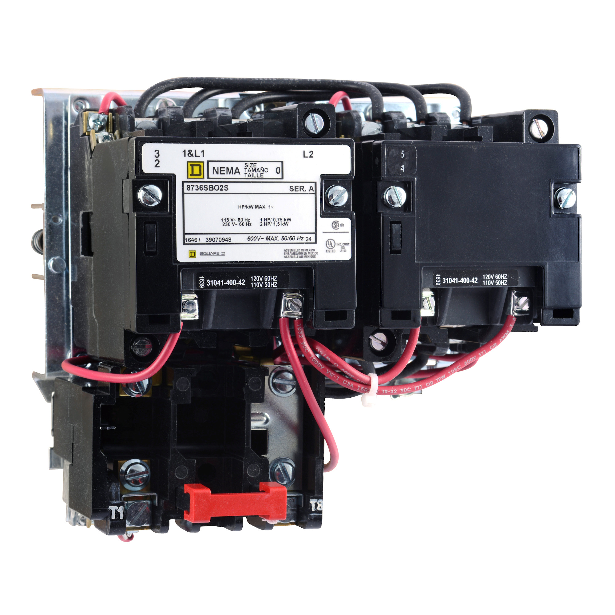 NEMA Starter, Type S, reversing, horizontal, Size 0, 18A, 2 HP at 230 VAC, 5 kA SSCR, 1 phase, 3 pole, melting alloy overload, 120 VAC coil, open