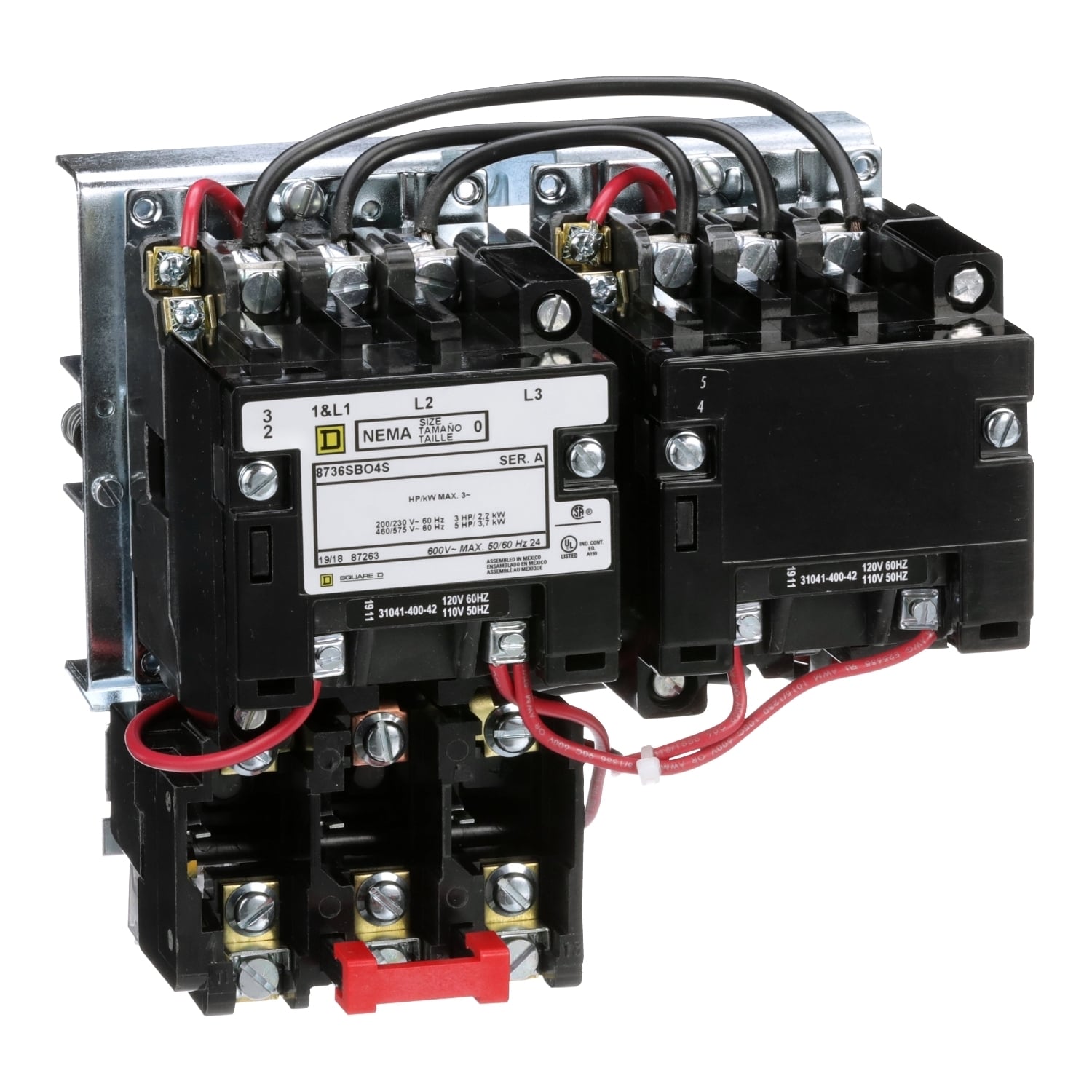 NEMA starter, Type S, reversing, horizontal, Size 0, 18A, 5HP at 575VAC, 5kA SSCR, 3 phase, 3 pole, melting alloy overload, 120VAC coil, open [TAA]