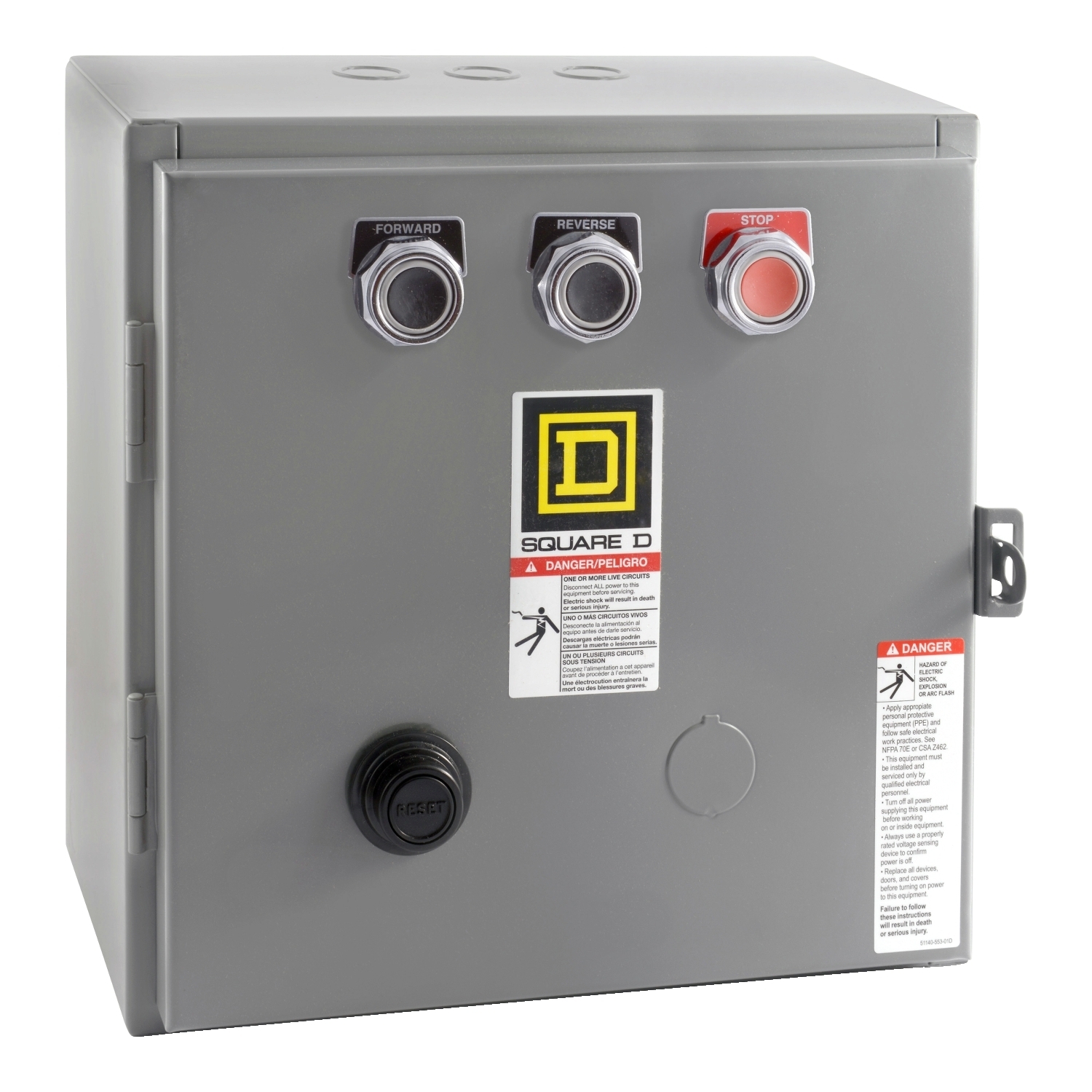NEMA Starter, Type S, reversing, horizontal, Size 1, 27A, 10 HP at 575 VAC, 5 kA SSCR, 3 phase, 3 pole, melting alloy overload, 120 VAC coil, NEMA 1 [TAA]