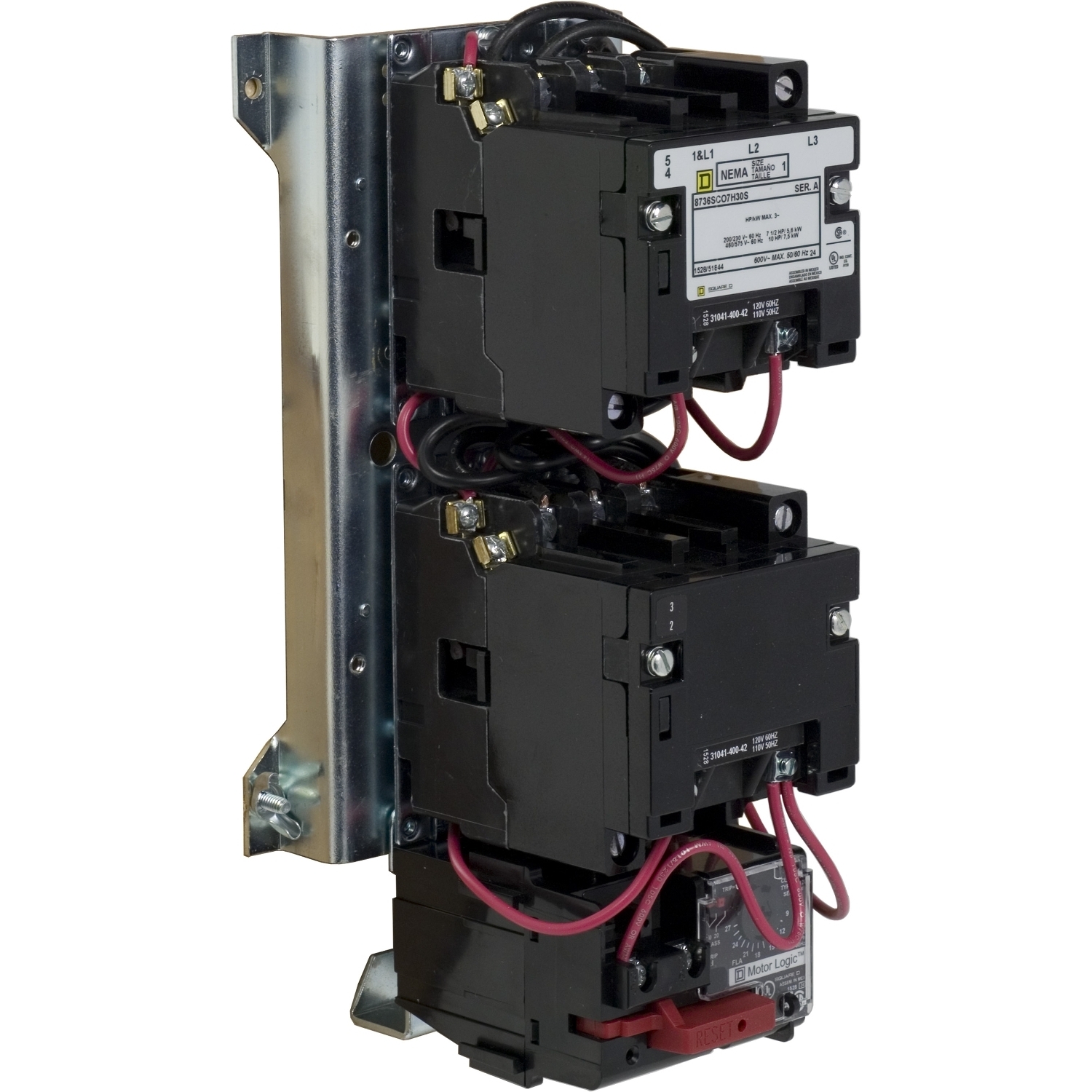 NEMA starter, Type S, reversing, vertical, Size 1, 27A, 10HP at 575VAC, up to 100kA SCCR, 3 phase, 3 pole, Motor Logic SSOLR, 120VAC coil, open [TAA]