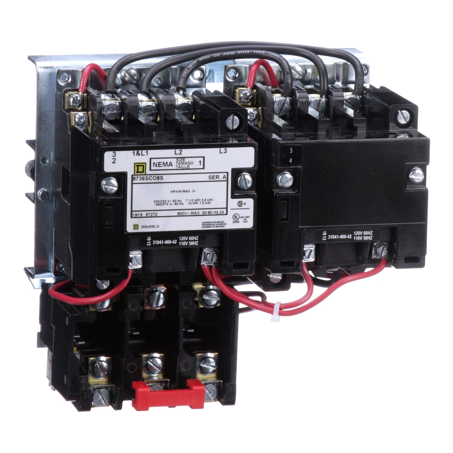 NEMA starter, Type S, reversing, horizontal, Size 1, 27A, 10HP at 575VAC, 5kA SSCR, 3 phase, 3 pole, melting alloy overload, 120VAC coil, open [TAA]