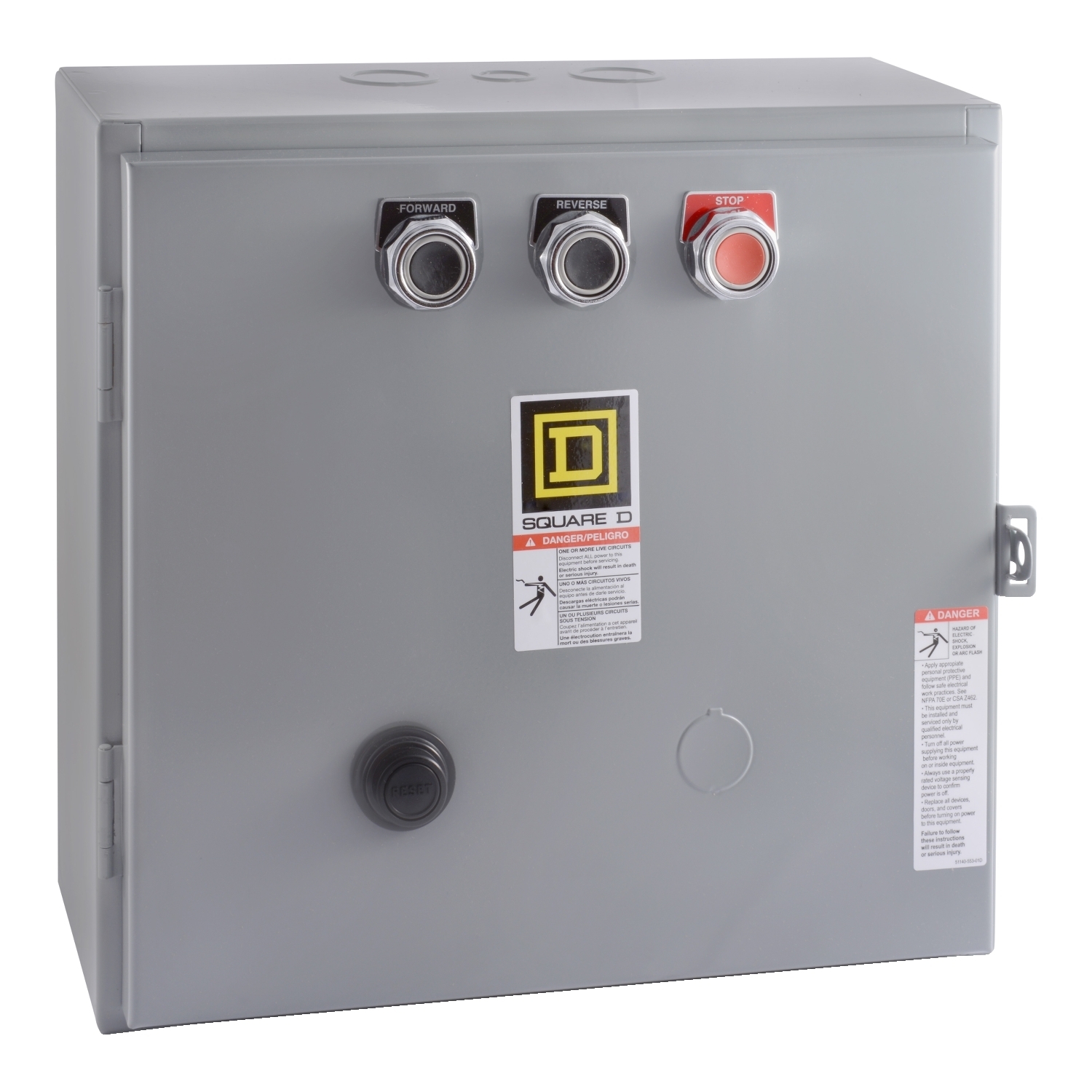 NEMA Starter, Type S, reversing, horizontal, Size 2, 45A, 25 HP at 575 VAC, 5 kA SSCR, 3 phase, 3 pole, melting alloy overload, 120 VAC coil, NEMA 1