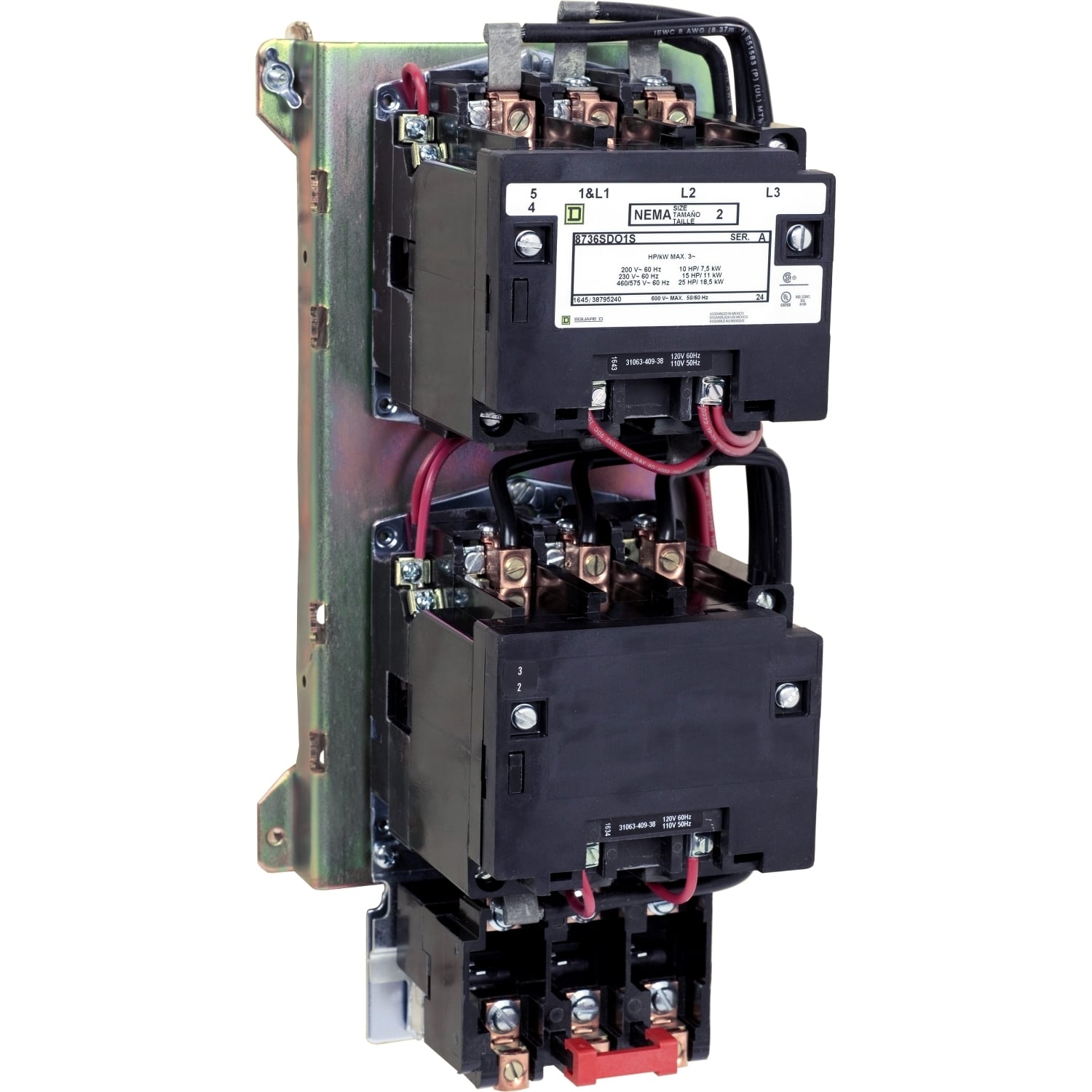 NEMA starter, Type S, reversing, vertical, Size 2, 45A, 25HP at 575VAC, 5kA SSCR, 3 phase, 3 pole, melting alloy overload, 120VAC coil, open [TAA]