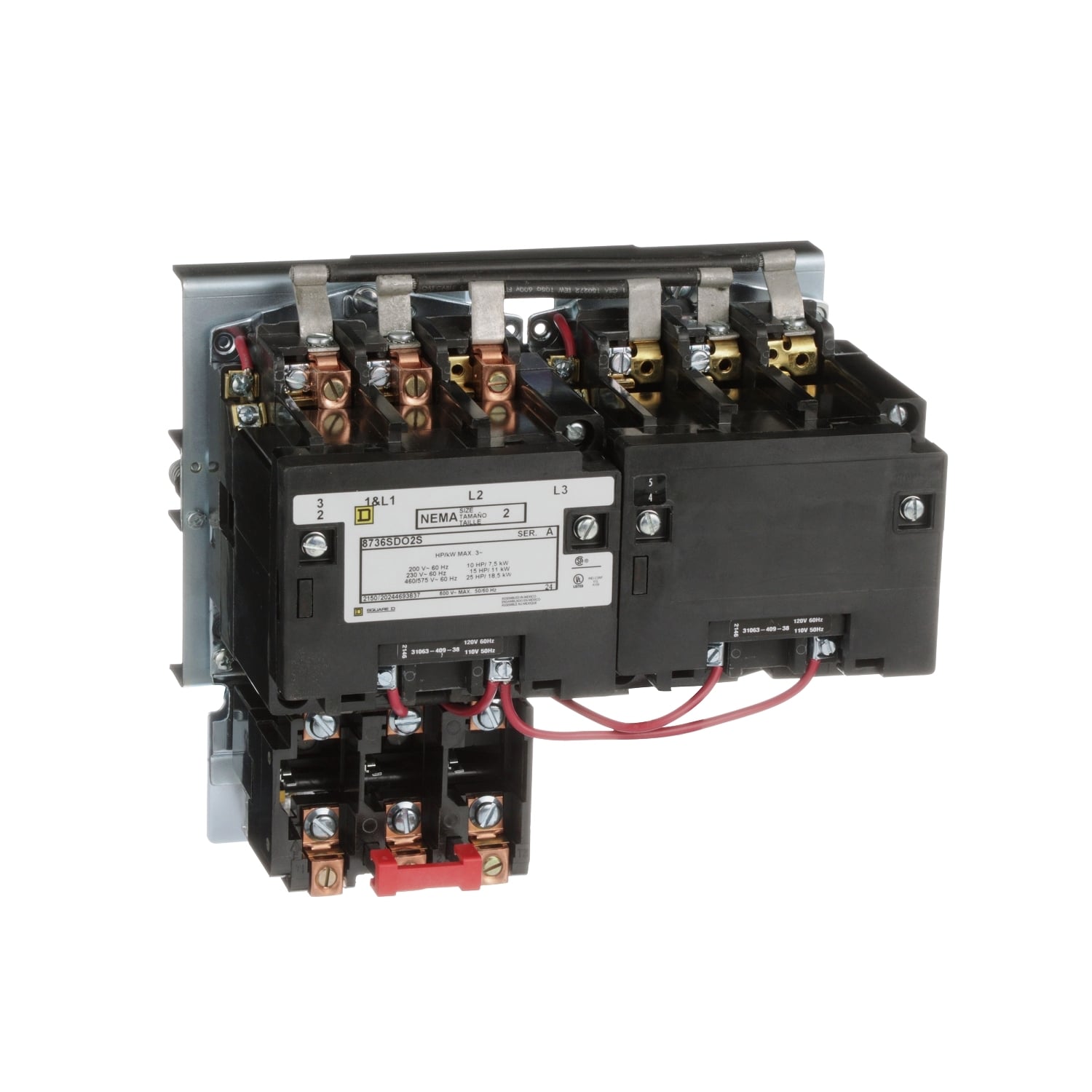 NEMA starter, Type S, reversing, horizontal, Size 2, 45A, 25HP at 575VAC, 5kA SSCR, 3 phase, 3 pole, melting alloy overload, 120VAC coil, open [TAA]