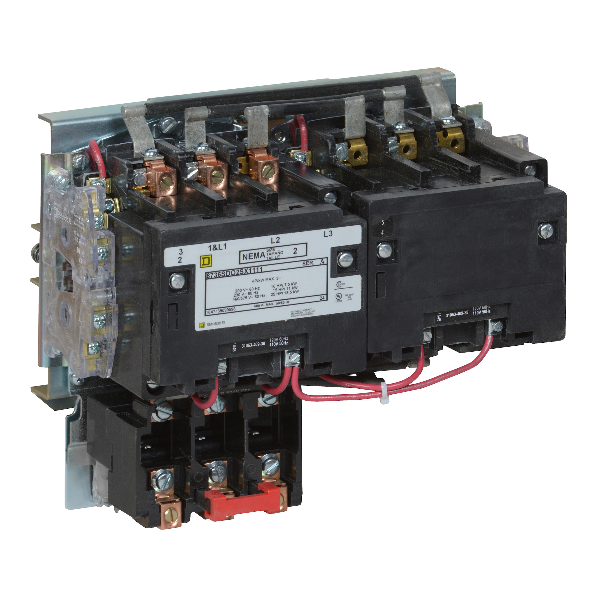 NEMA Starter, Type S, reversing, horizontal, Size 2, 45A, 25 HP at 575 VAC, 5 kA SSCR, 3 phase, 3 pole, melting alloy overload, 240 VAC coil, open