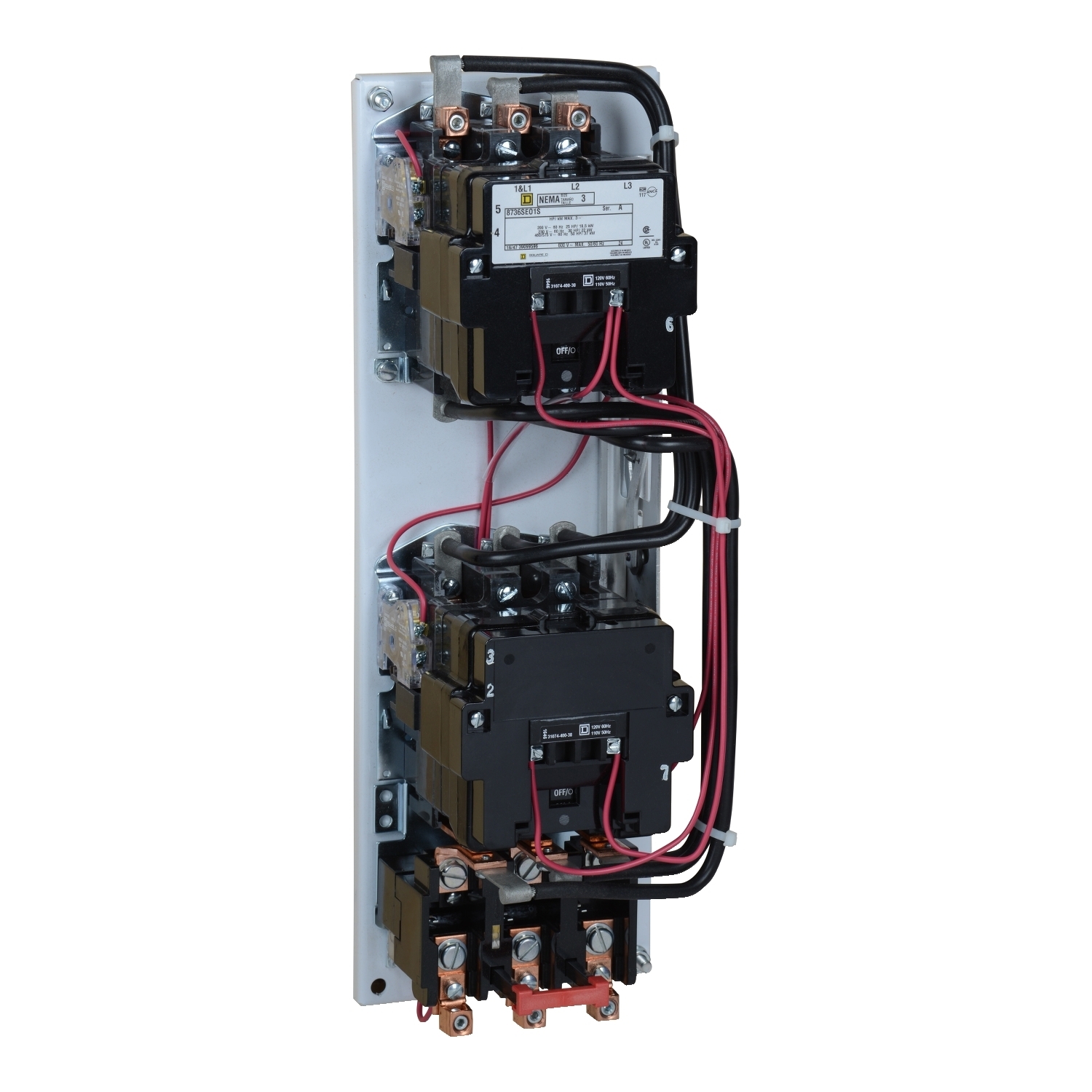 NEMA starter, Type S, reversing, vertical, Size 3, 90A, 50HP at 575VAC, 5kA SSCR, 3 phase, 3 pole, melting alloy overload, 120VAC coil, open