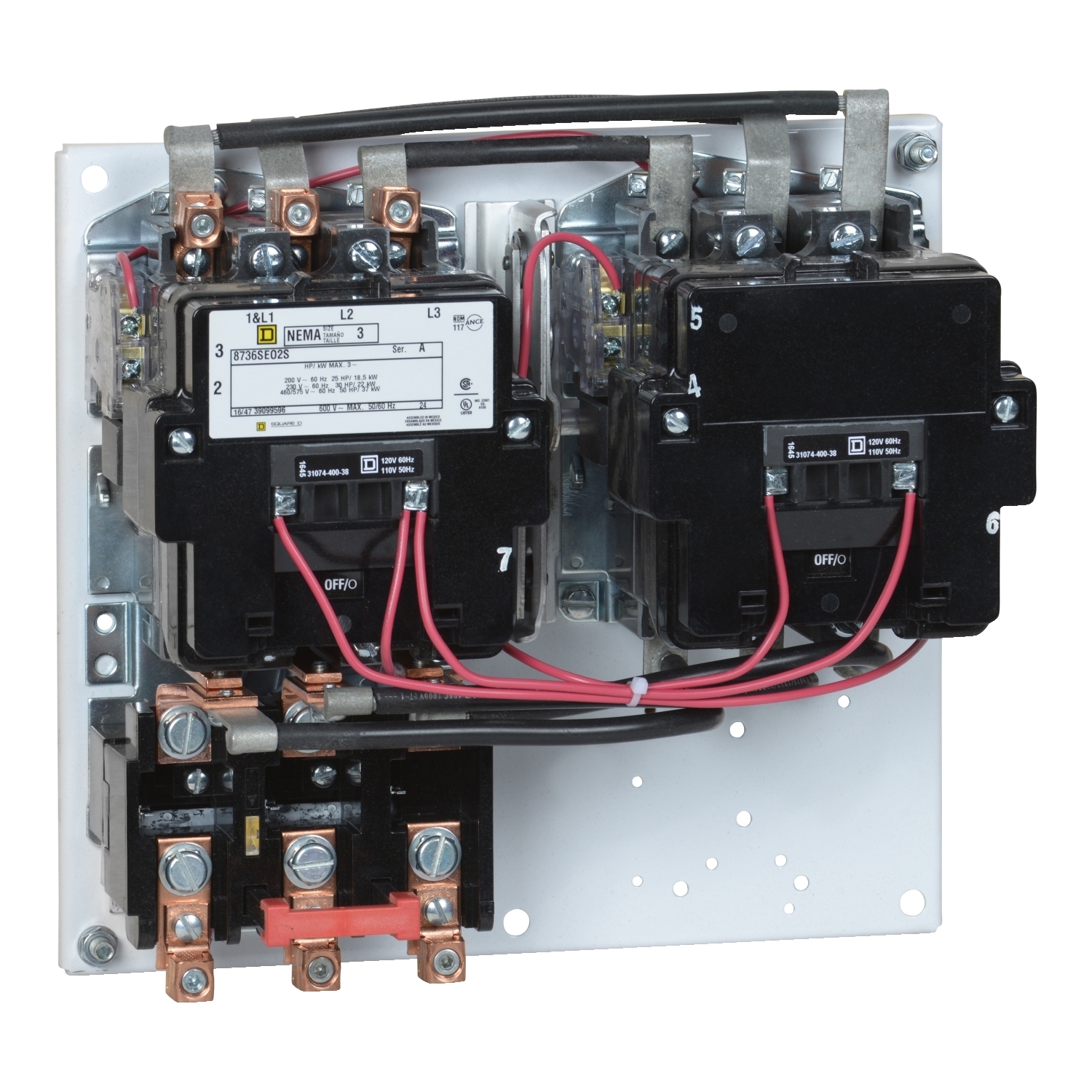 NEMA starter, Type S, reversing, horizontal, Size 3, 90A, 50HP at 575VAC, 5kA SSCR, 3 phase, 3 pole, melting alloy overload, 120VAC coil, open [TAA]