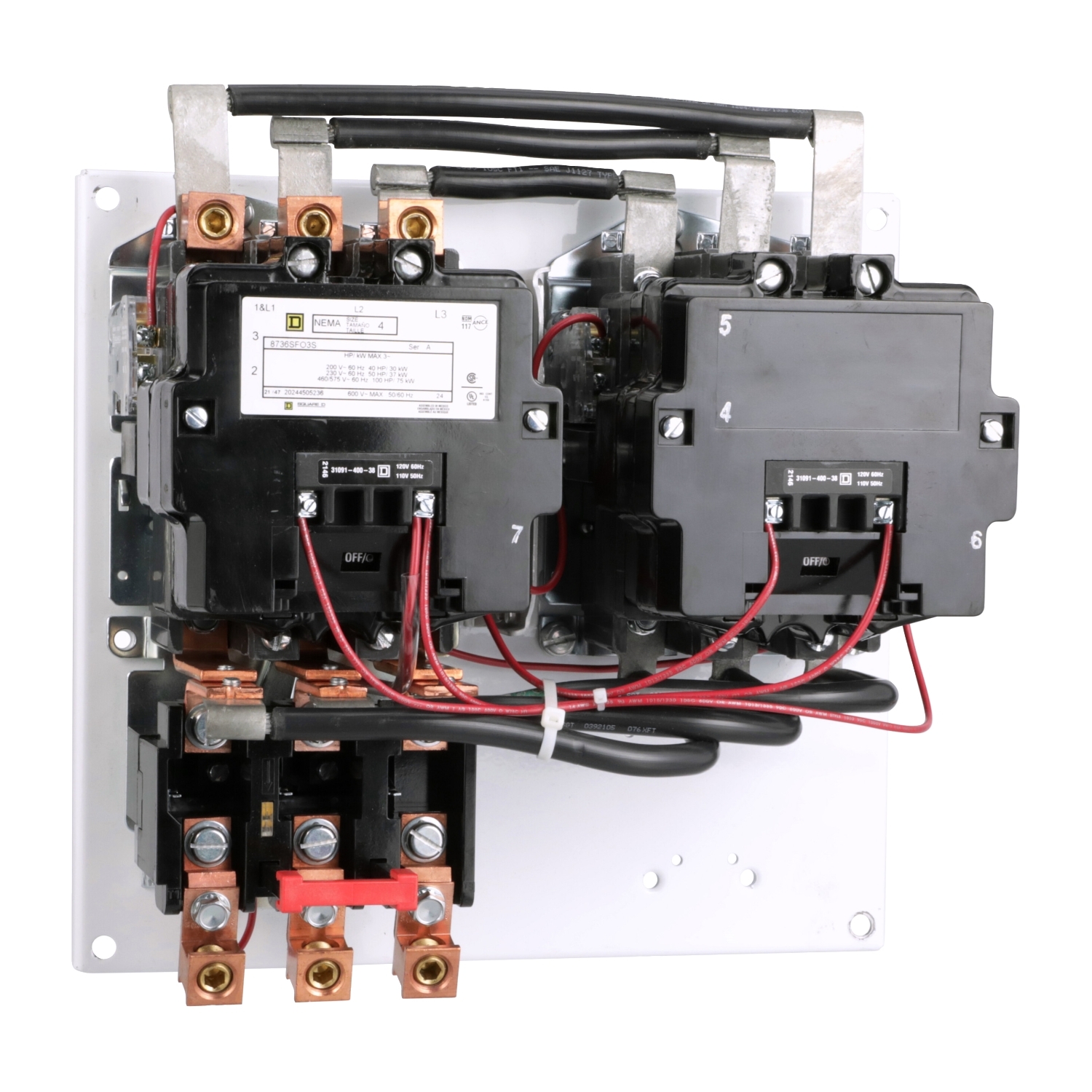 NEMA starter, Type S, reversing, horizontal, Size 4, 135A, 100HP at 575VAC, 10kA SCCR, 3 phase, 3 pole, melting alloy overload, 120VAC coil, open [TAA]