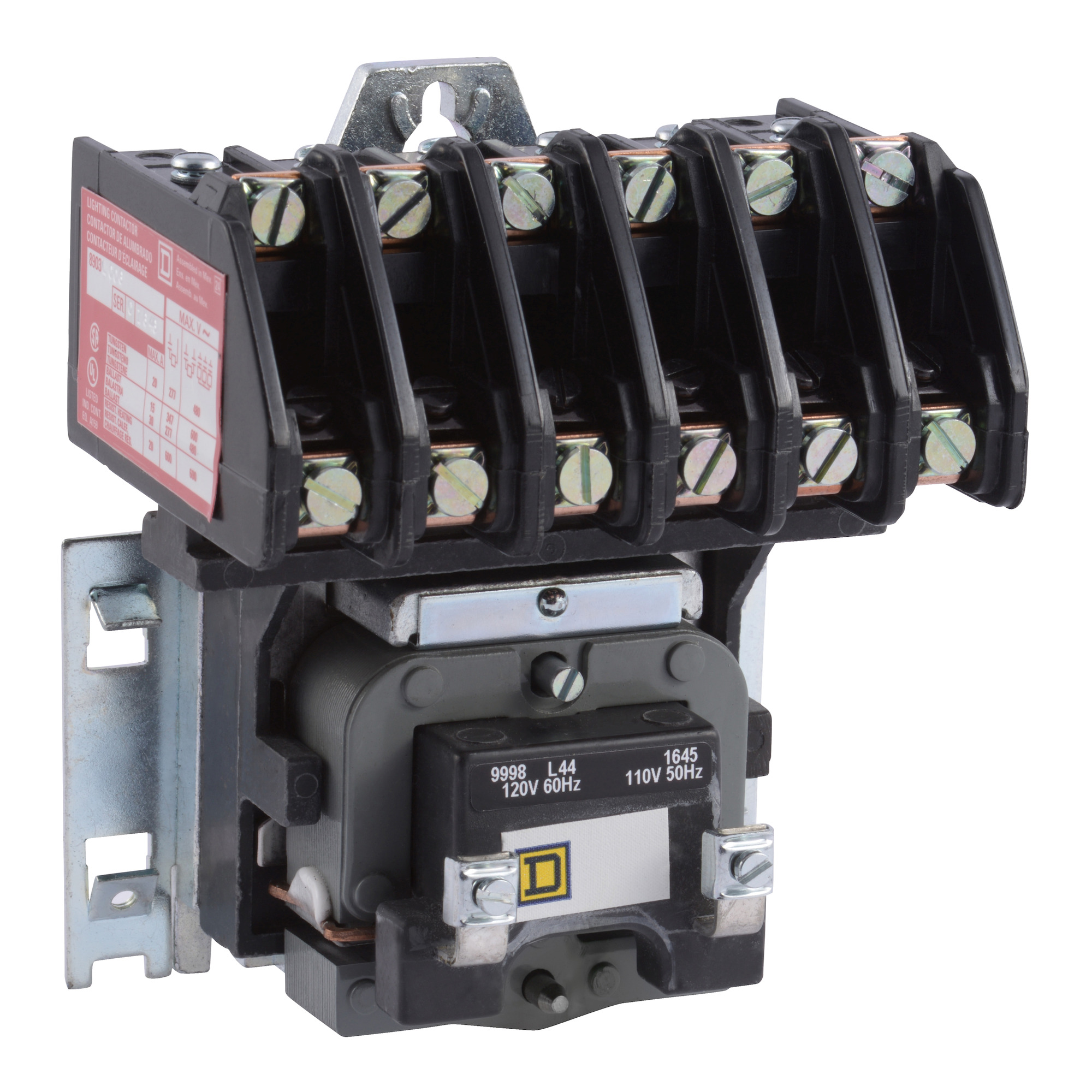 8903L electrically held lighting contactor, 6 P, 6 NC, 30 A, 600 V, 110/120 V 50/60 Hz coil, open