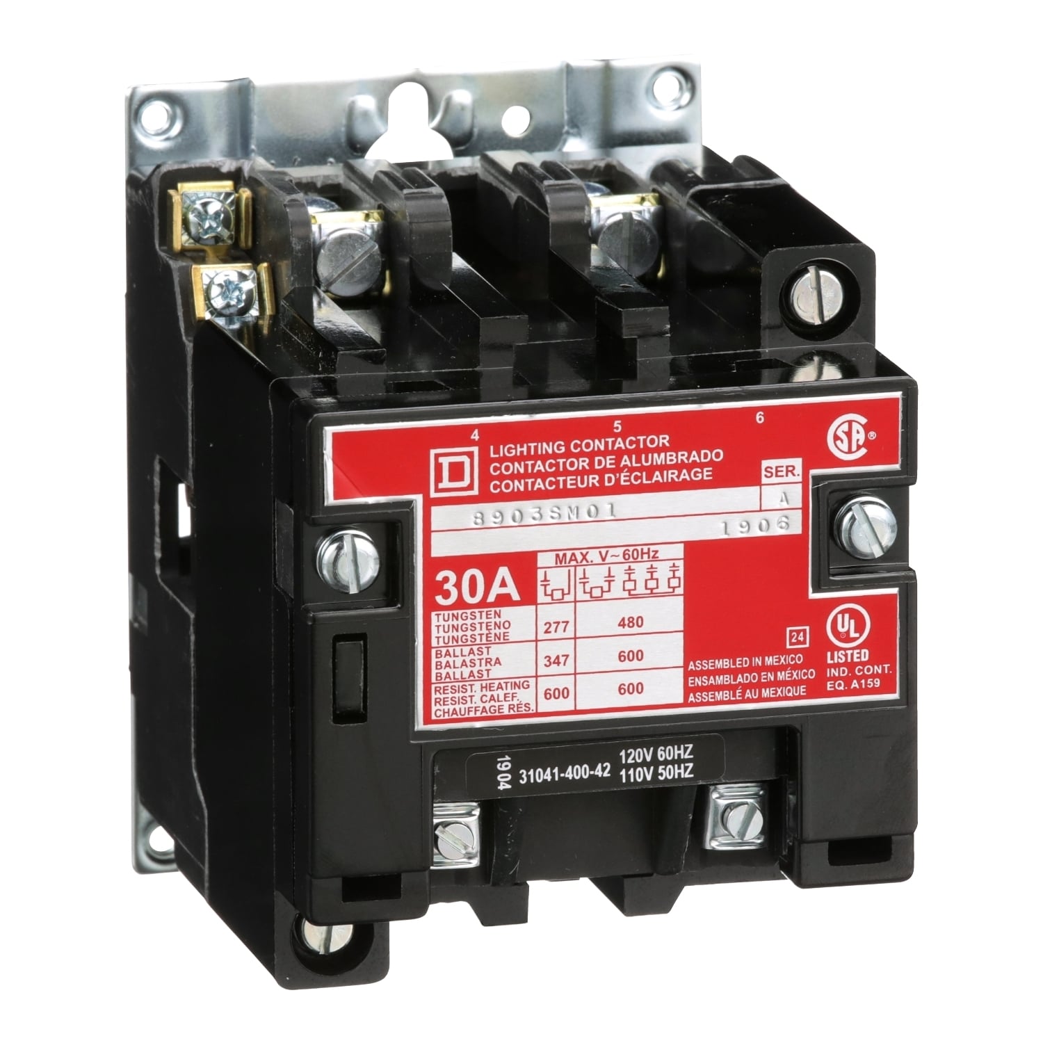 Contactor, Type S, multipole lighting, electrically held, 30A, 2 pole, 110/120VAC 50/60Hz coil, open style [TAA]