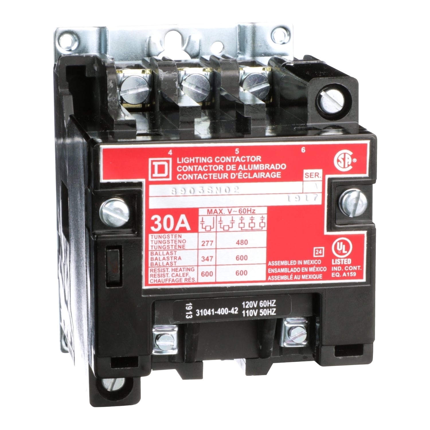 Contactor, Type S, multipole lighting, electrically held, 30A, 3 pole, 110/120VAC 50/60Hz coil, open style [TAA]
