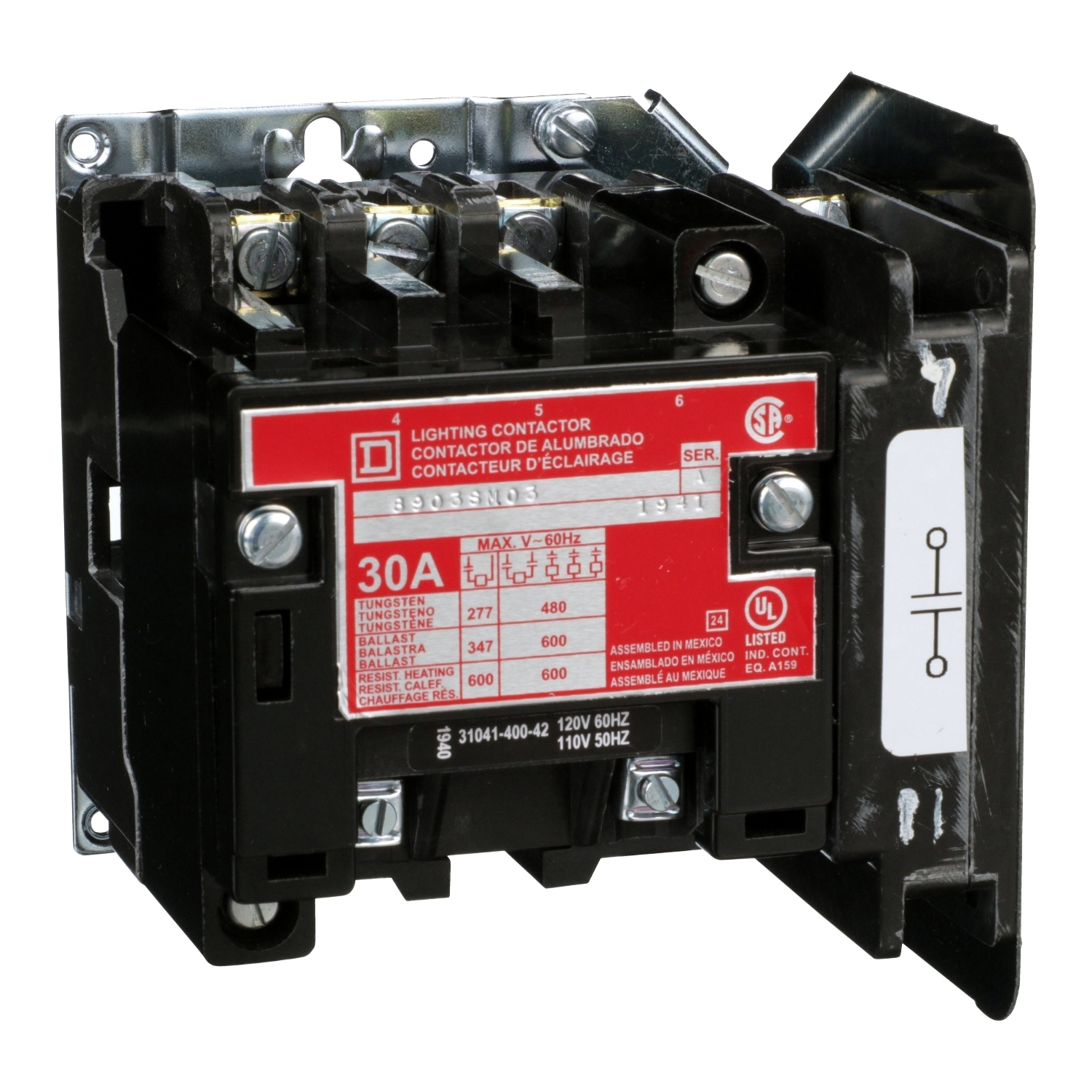 Contactor, Type S, multipole lighting, electrically held, 30A, 4 pole, 110/120VAC 50/60Hz coil, open style [TAA]
