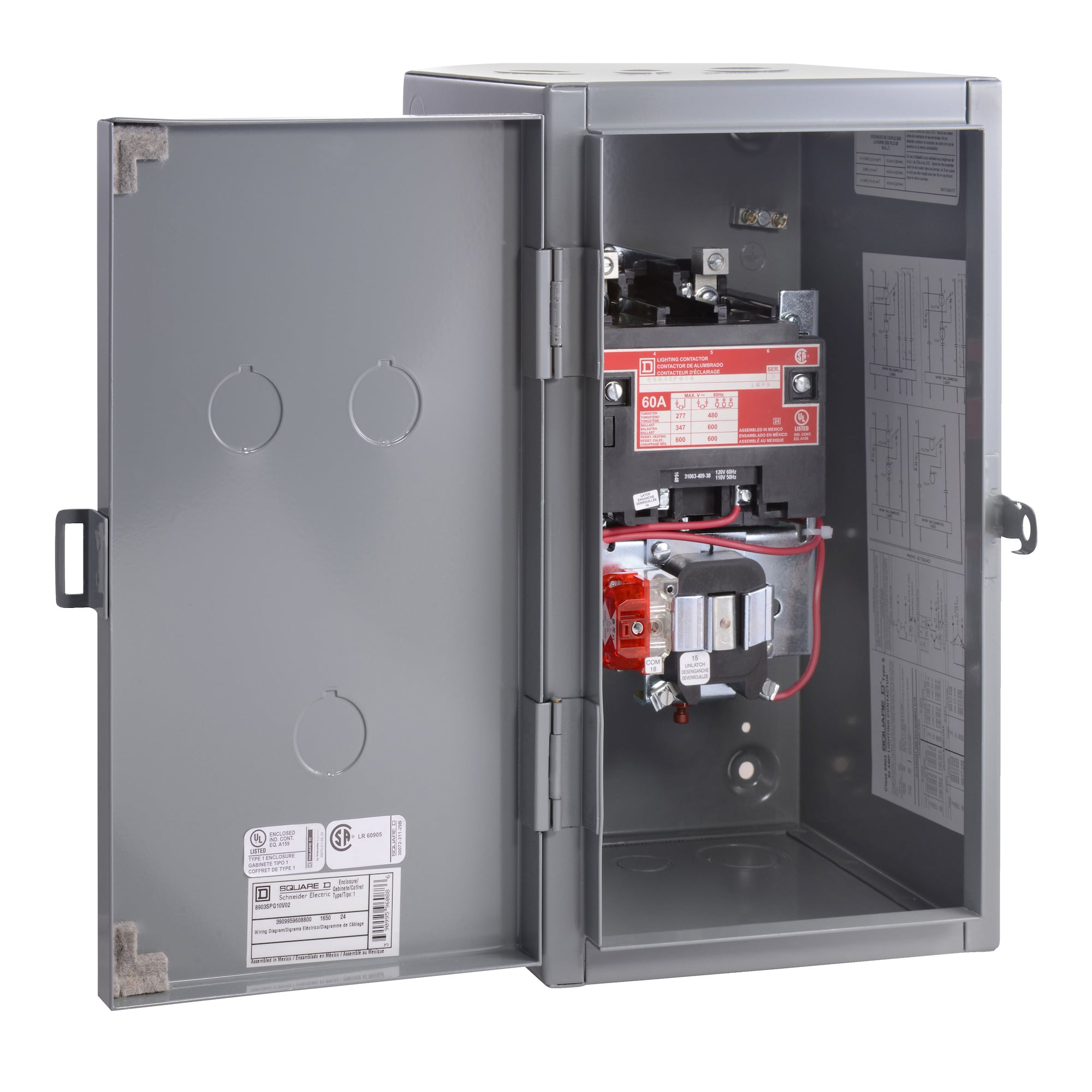 Contactor, Type S, multipole lighting, mechanically held, 60A, 4 pole, 110/120 VAC 50/60 Hz coil, NEMA 1