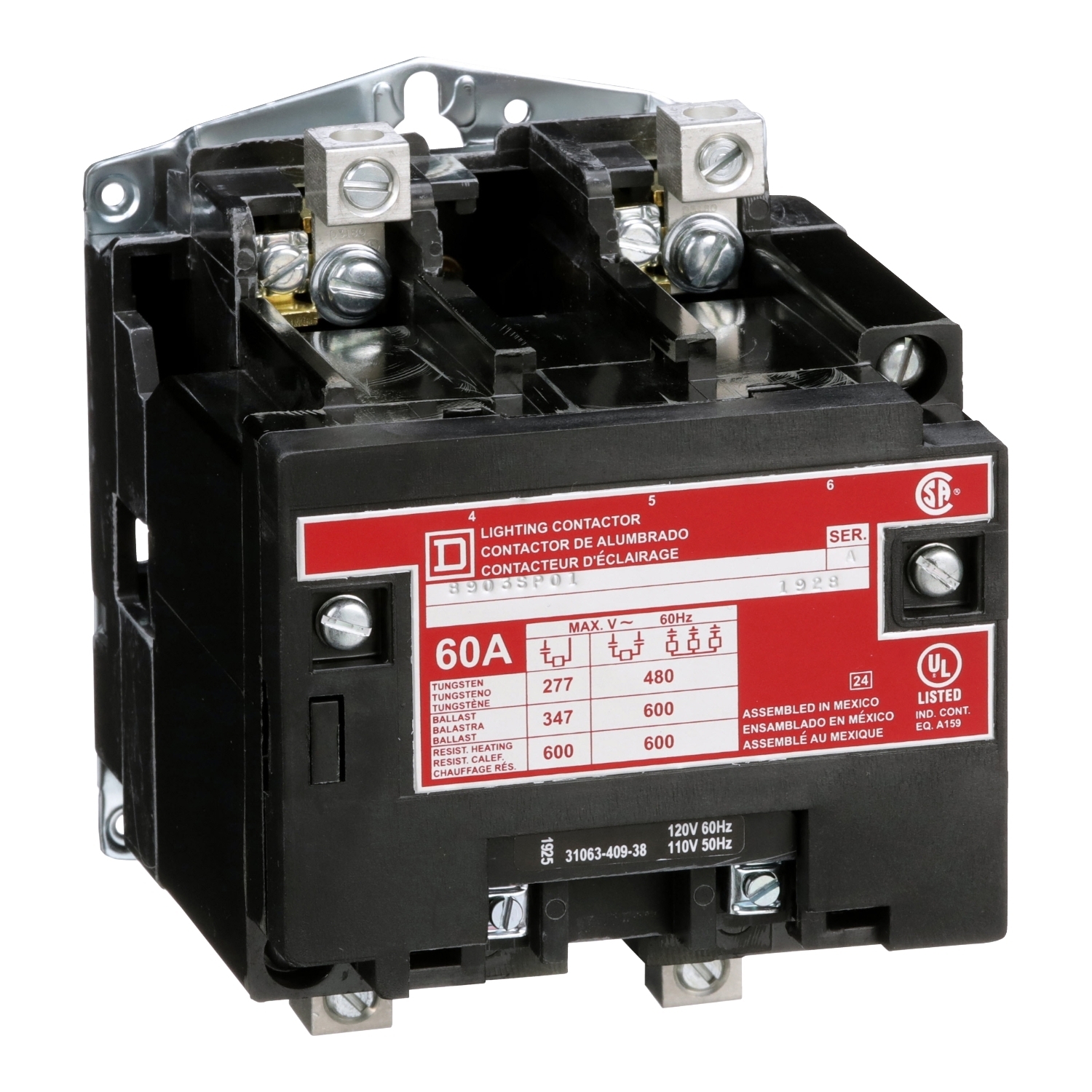 Contactor, Type S, multipole lighting, electrically held, 60A, 2 pole, 110/120VAC 50/60Hz coil, open style [TAA]