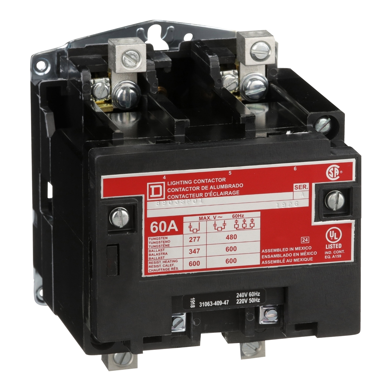 Contactor, Type S, multipole lighting, electrically held, 60A, 2 pole, 220/240VAC 50/60Hz coil, open style