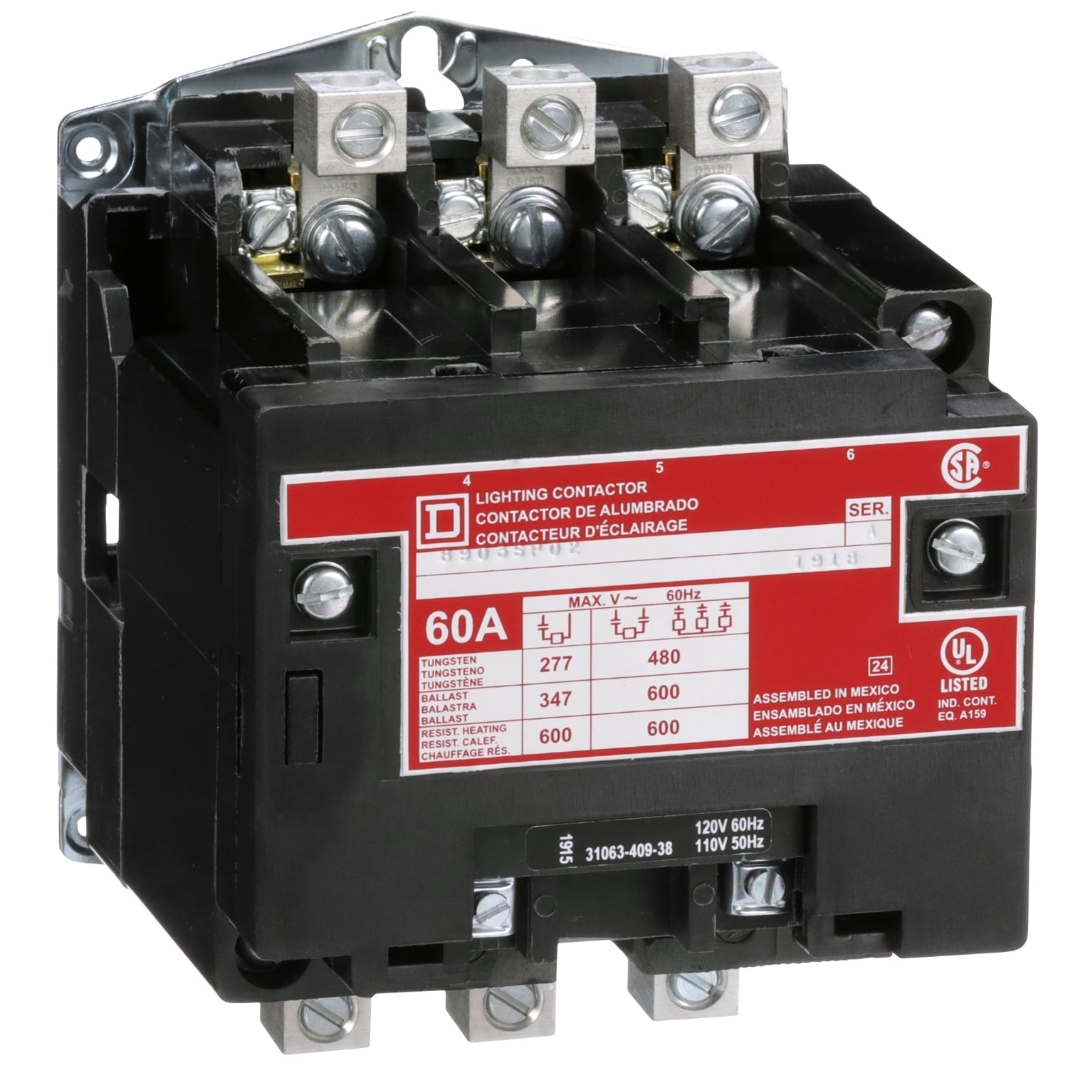 Contactor, Type S, multipole lighting, electrically held, 60A, 3 pole, 110/120VAC 50/60Hz coil, open style [TAA]