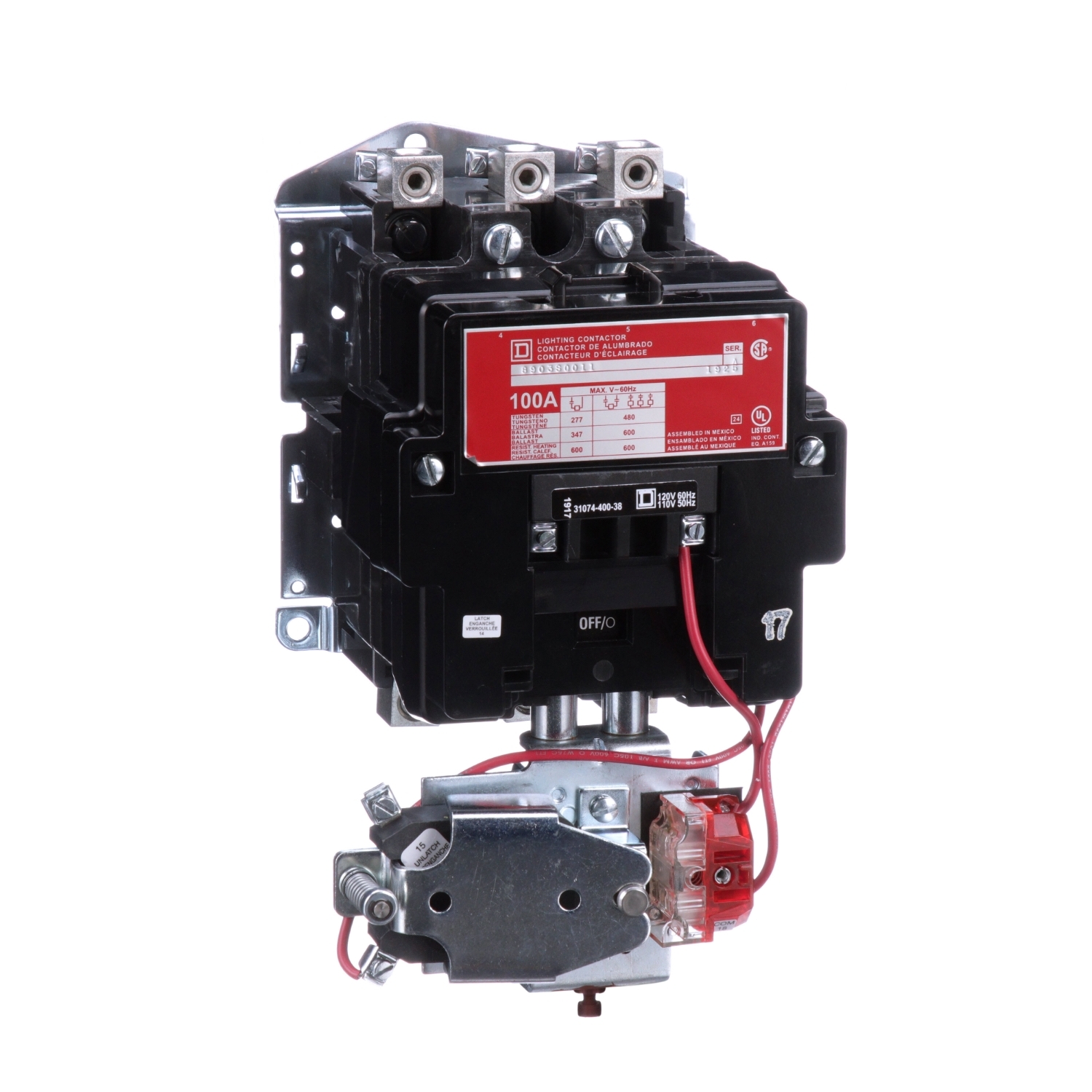 Contactor, Type S, multipole lighting, mechanically held, 100A, 3 pole, 110/120VAC 50/60Hz coil, open style [TAA]