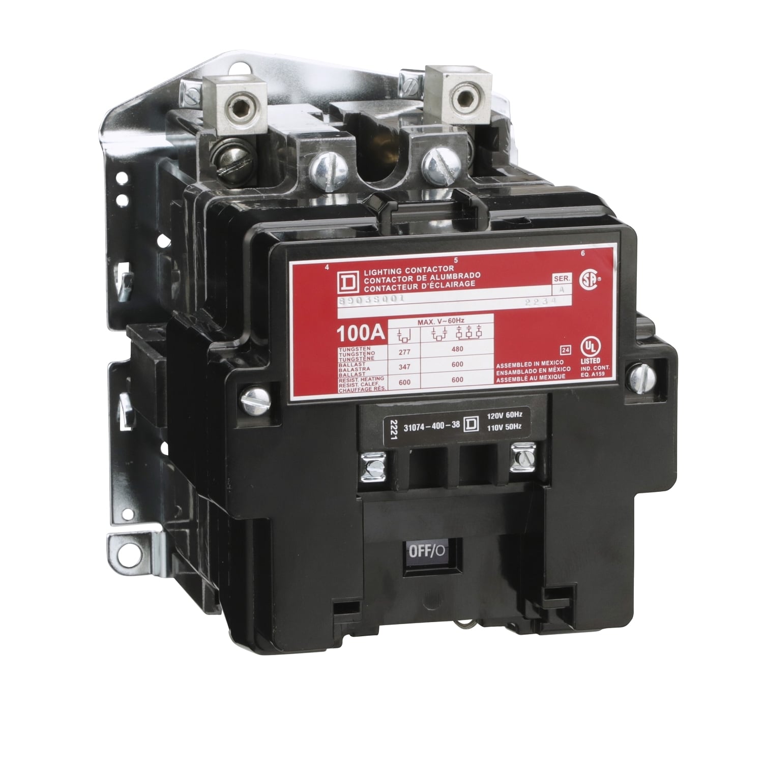 Contactor, Type S, multipole lighting, electrically held, 100A, 2 pole, open, 120/100VAC 60/50Hz coil [TAA]