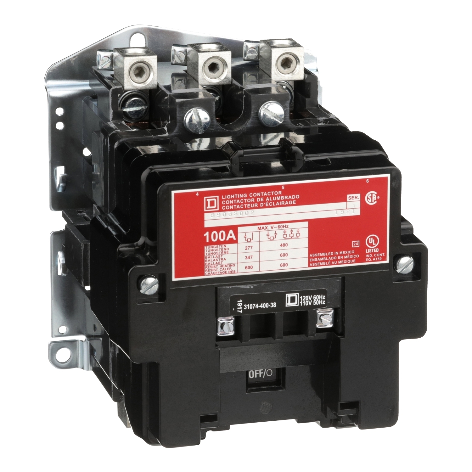 Contactor, Type S, multipole lighting, electrically held, 100A, 3 pole, 110/120VAC coil at 50/60Hz, open style [TAA]