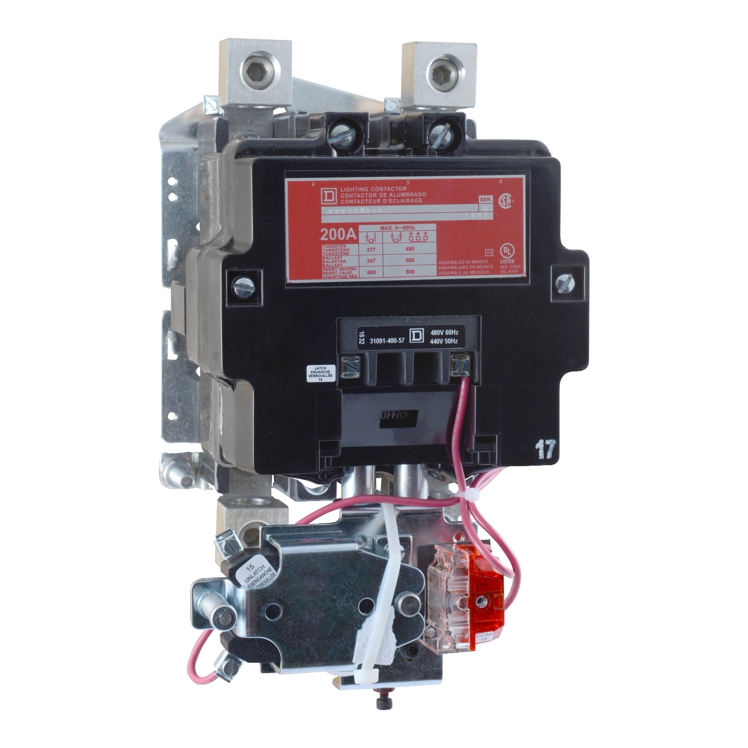 Contactor, Type S, multipole lighting, mechanically held, 200A, 3 pole, 110/120VAC 50/60Hz coil, open style [TAA]