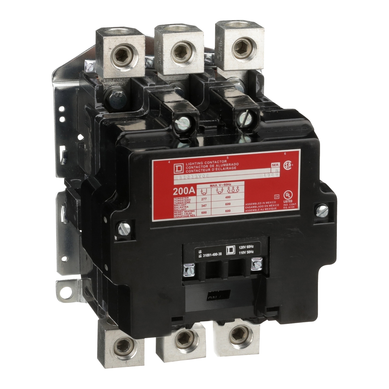 Contactor, Type S, multipole lighting, electrically held, 200A, 3 pole, 110/120VAC 50/60Hz coil, open style [TAA]