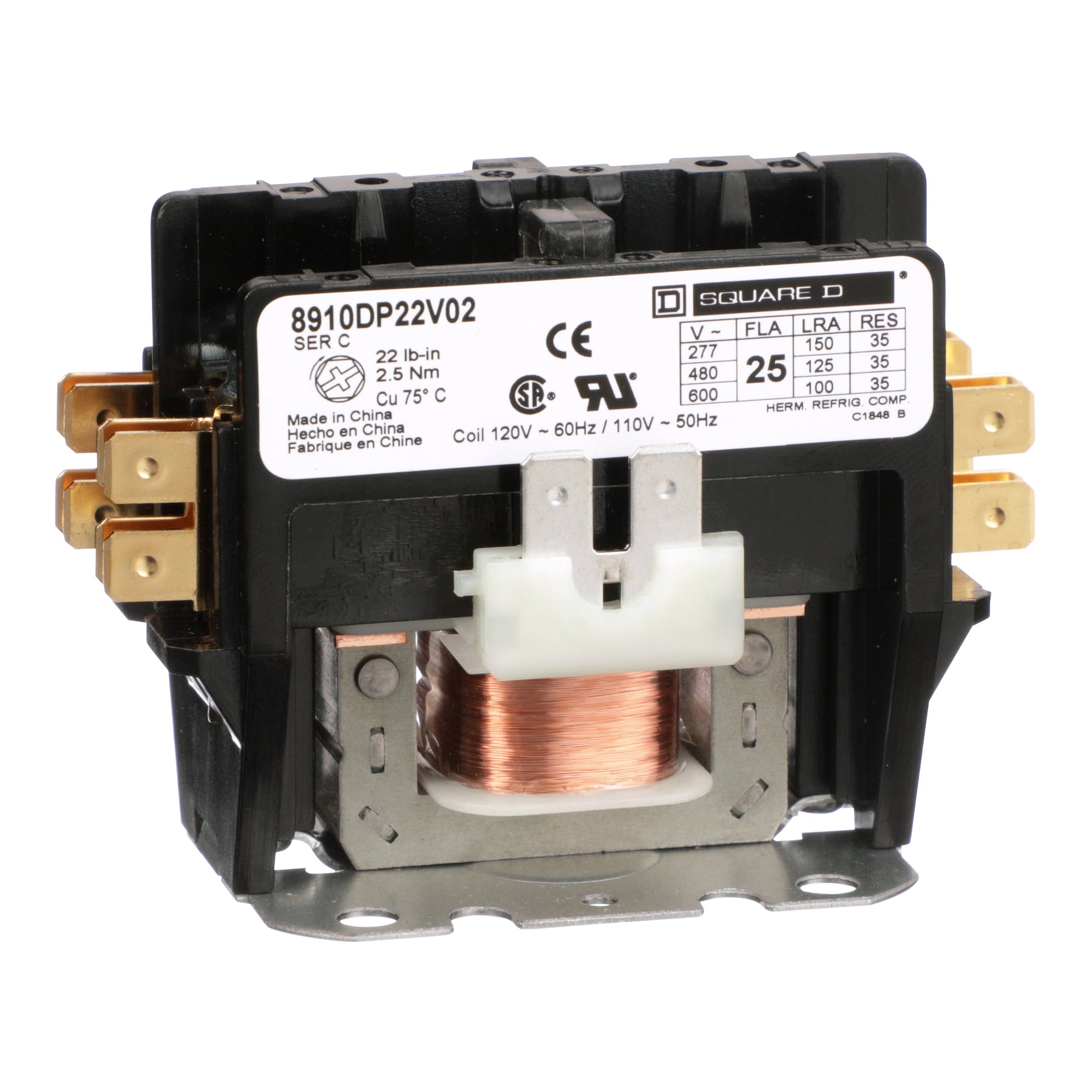 Square D,CONTACTOR 600VAC 25AMP DP +OPTIONS,1-Phase,120 V AC 60 Hz-110 V AC 50 Hz,2 NO,2P,DP,Definite Purpose Contactor,Ideal for heating, air conditioning, refrigeration, data processing and food service equipment.,Panel,Quick Connect/Binder Head Screw,UL Recognized - CSA Certified - CE Marked