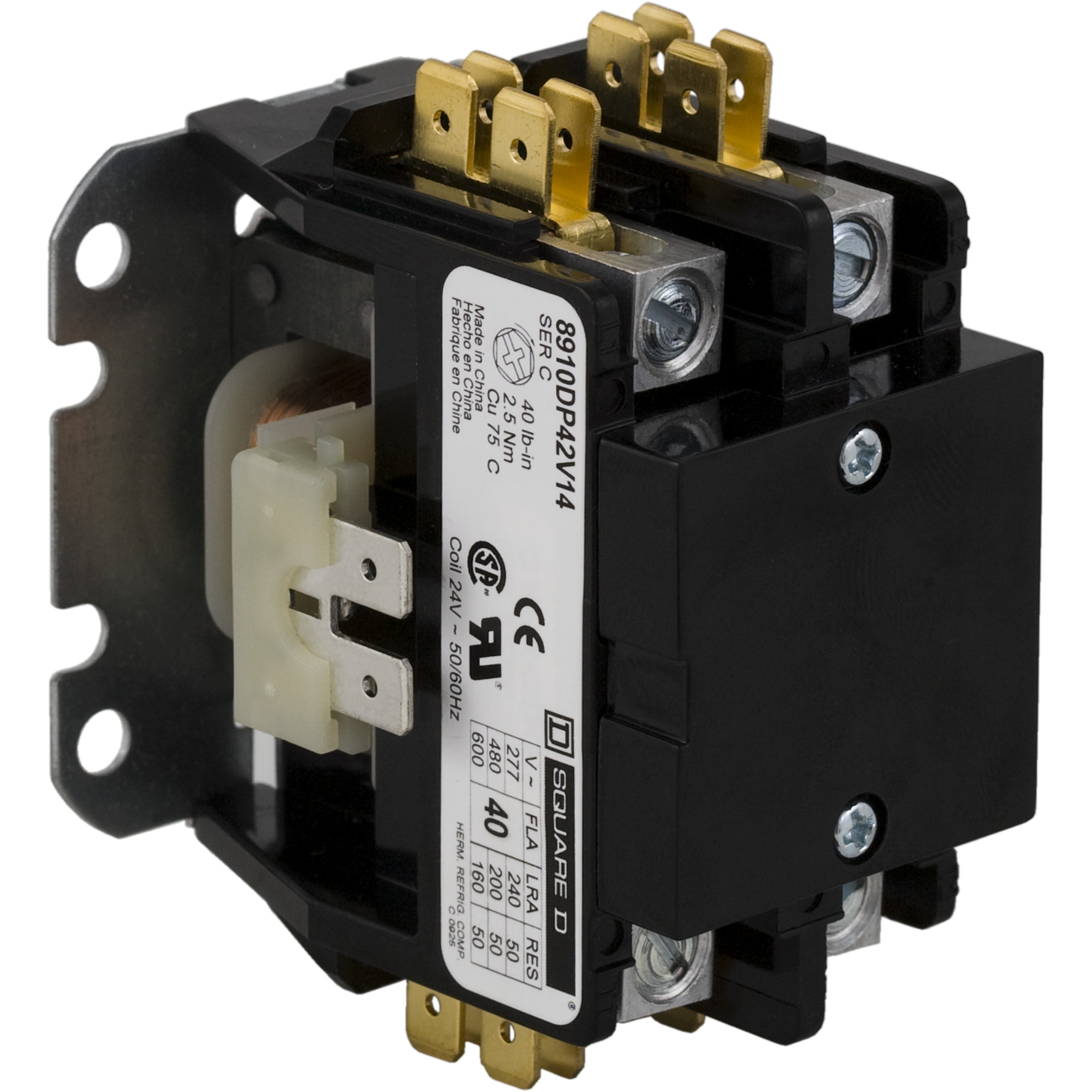 Square D,CONTACTOR 600VAC 25AMP DP +OPTIONS,1-Phase,2 NO,220 V AC 50 Hz-208...240 V AC 60 Hz,2P,DP,Definite Purpose Contactor,Ideal for heating, air conditioning, refrigeration, data processing and food service equipment.,Panel,Quick Connect/Binder Head Screw,UL Recognized - CSA Certified - CE Marked
