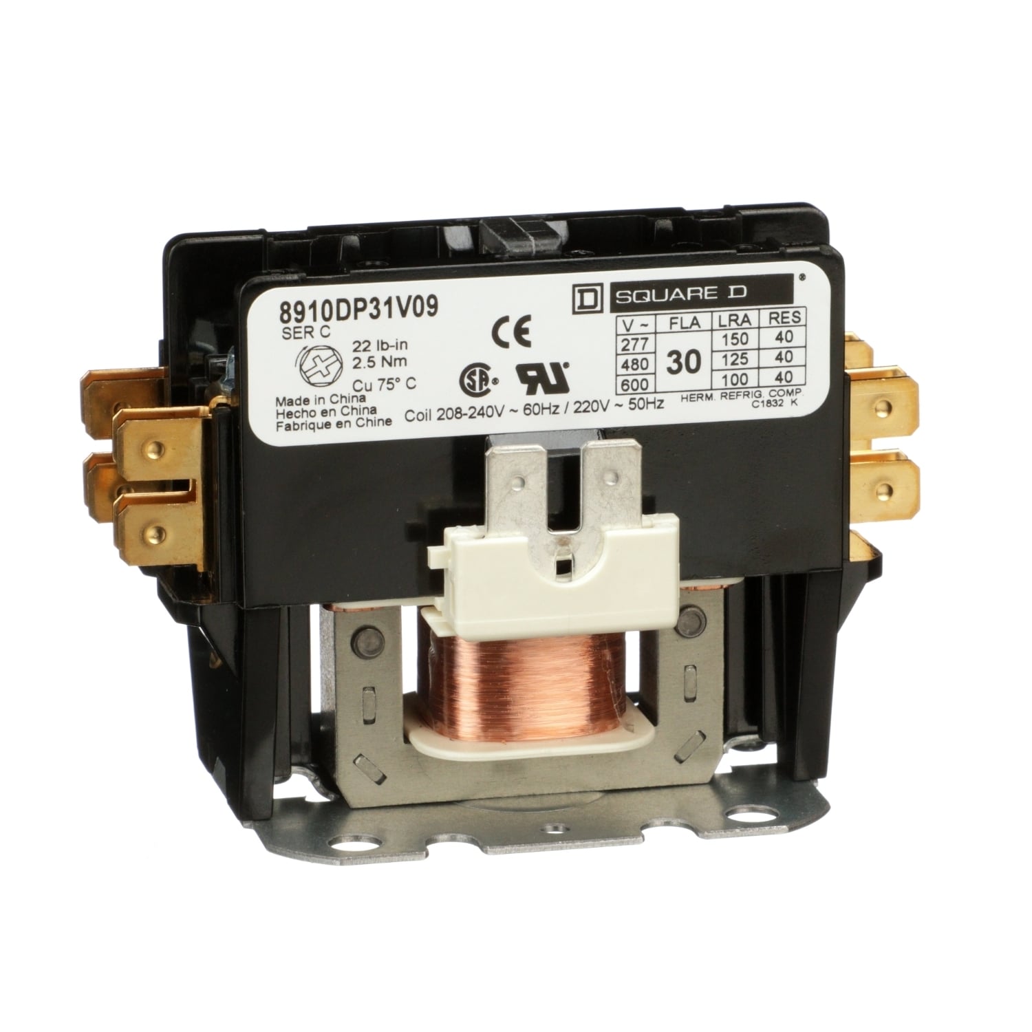 Contactor, Definite Purpose, 30A, 1 pole, 208/240VAC 60Hz 220VAC 50Hz coil, open