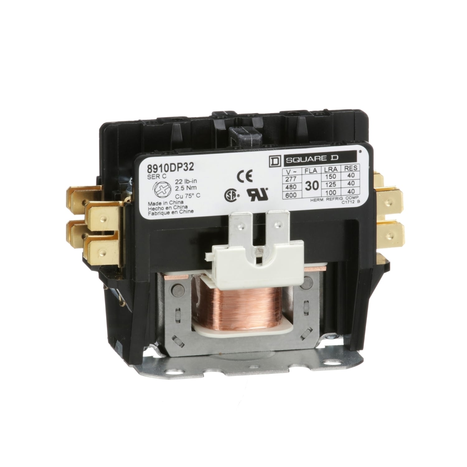 Contactor, Definite Purpose, 30A, 2 pole, 440/480VAC 50/60Hz coil, open
