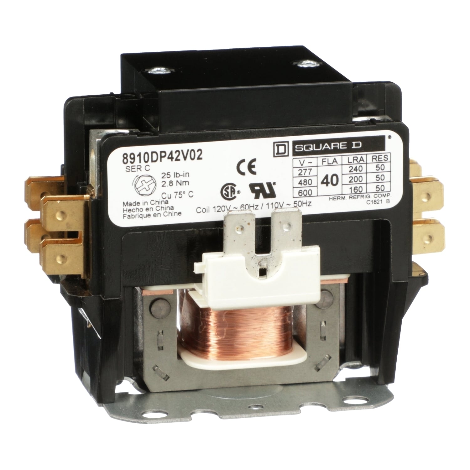 Contactor, Definite Purpose, 40A, 2 pole, 110/120VAC 50/60Hz coil, open