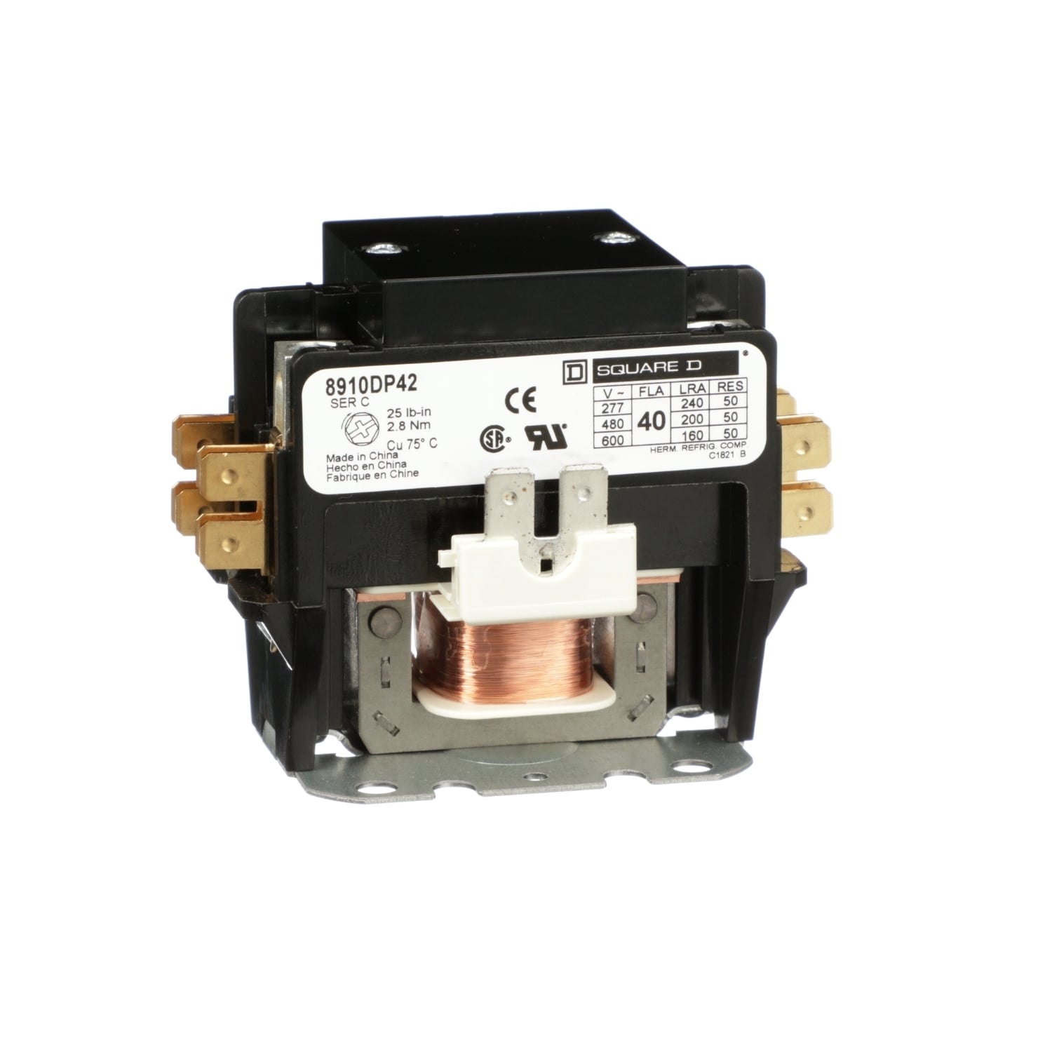 Contactor, Definite Purpose, 40A, 2 pole, 208/240VAC coil at 60Hz, 220VAC coil at 50Hz, open
